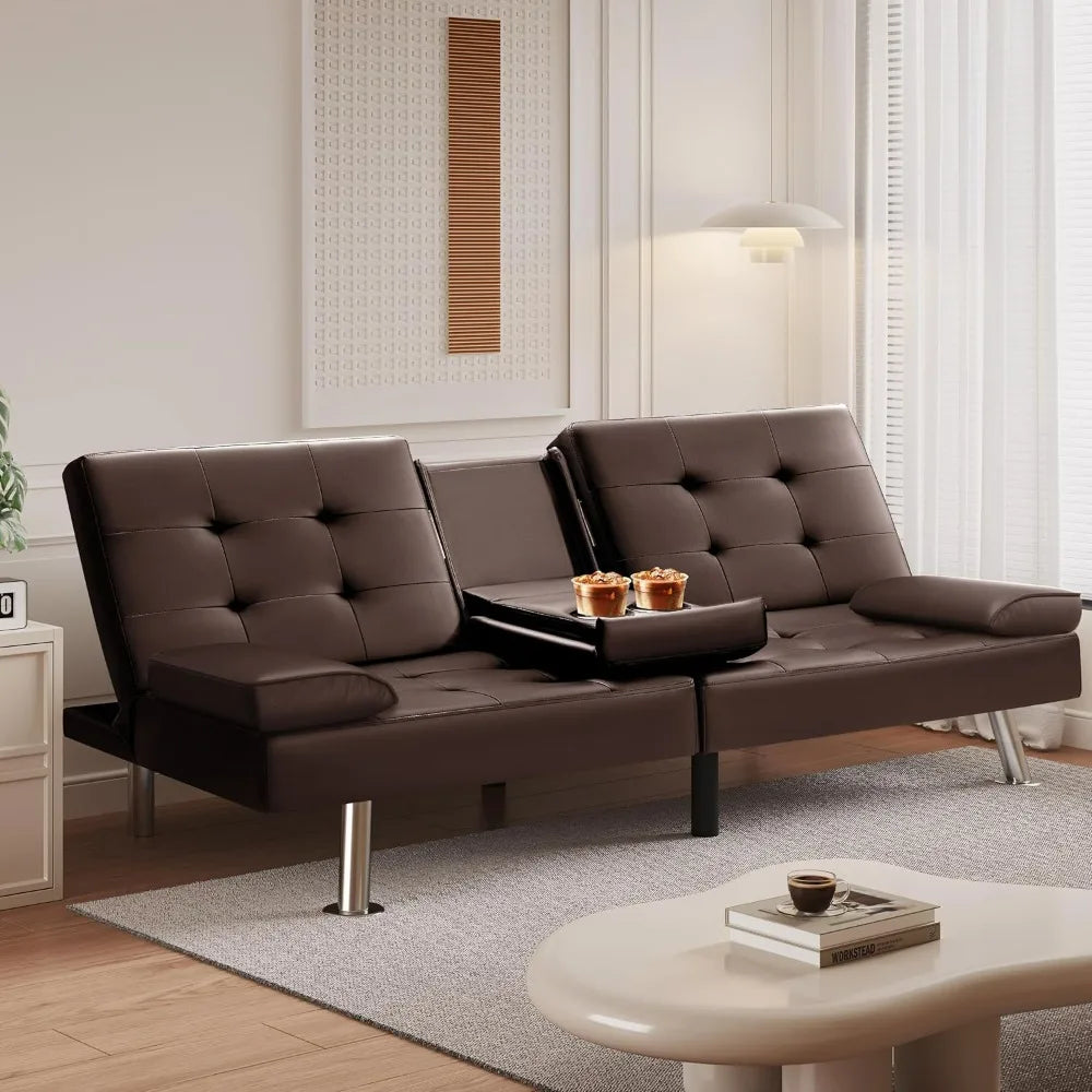 Futon Sofa Bed Modern Faux Leather Couch Bed Convertible Folding Recliner with 2 Cup Holders and Armrest