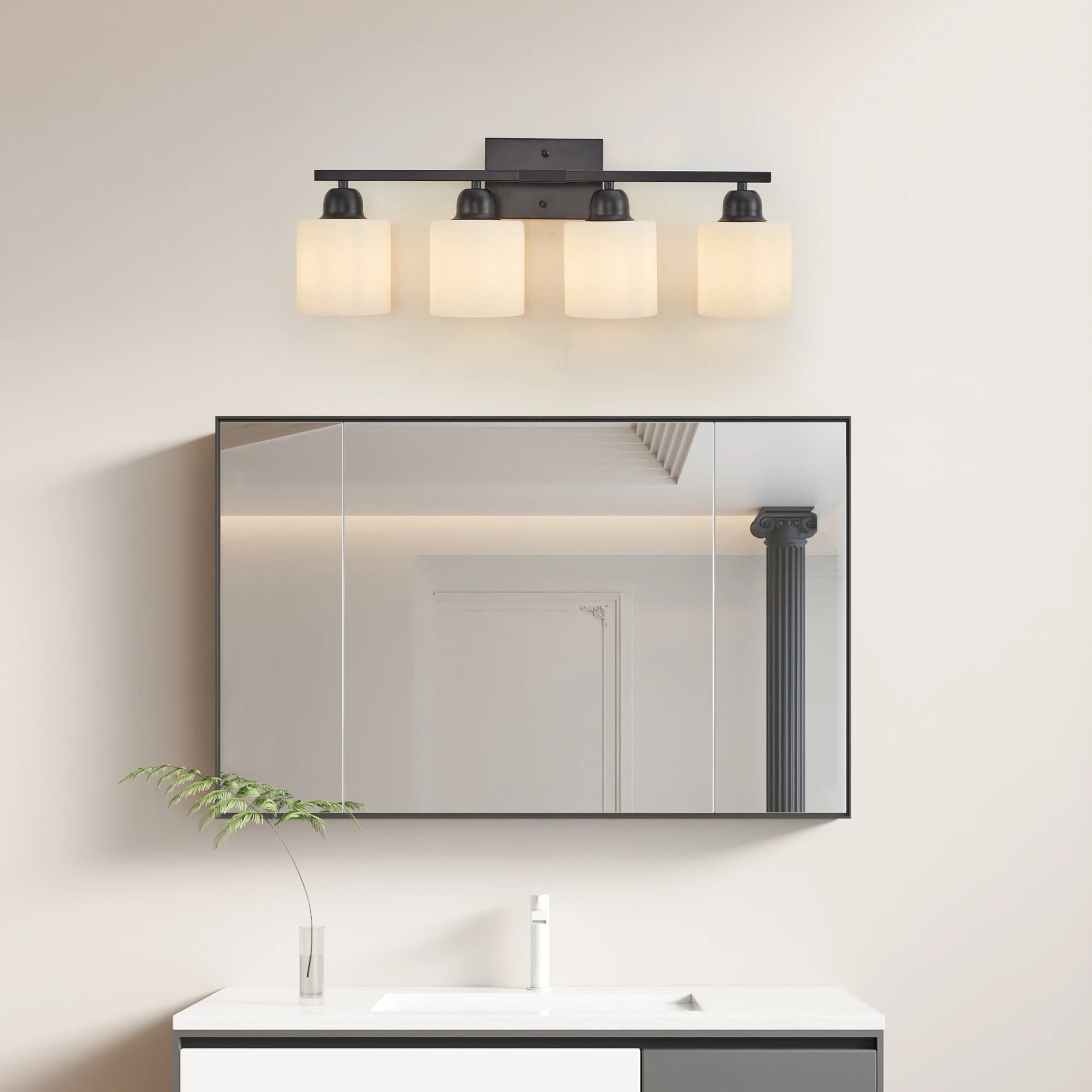 4-Light Fixtures Over Mirror, Modern Matte Black Vanity Lights with White Frosted Glass Shade