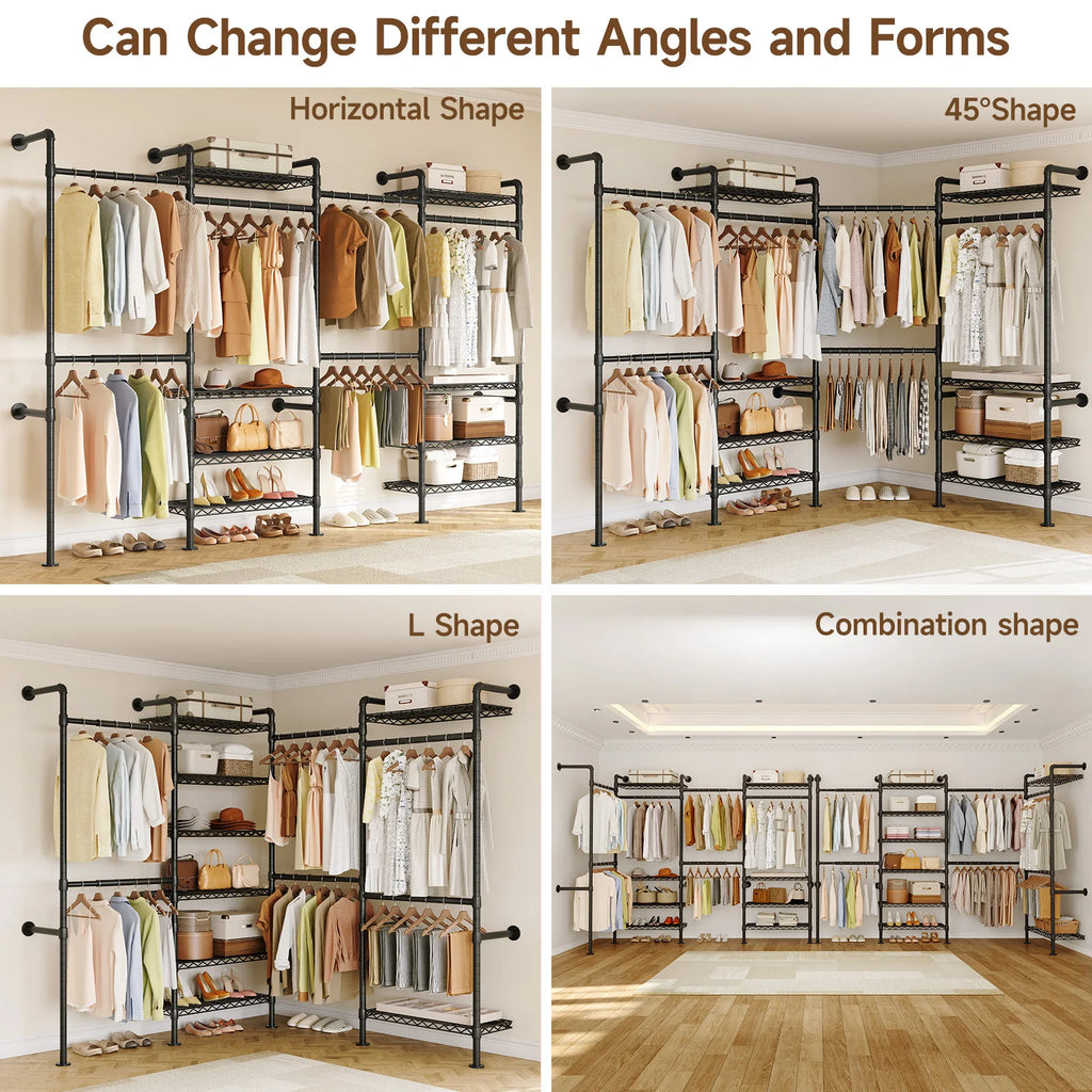 Wall Mounted Industrial Pipe Clothes Rack, Closet Organizer System with Expandable Rods