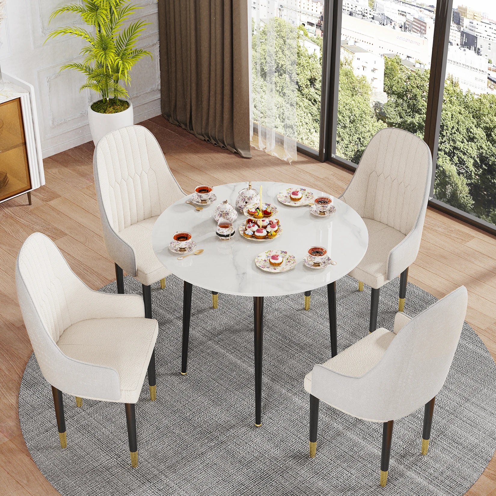 32" Sintered Stone Dining Round Reception Coffee Table with Black Metal Legs
