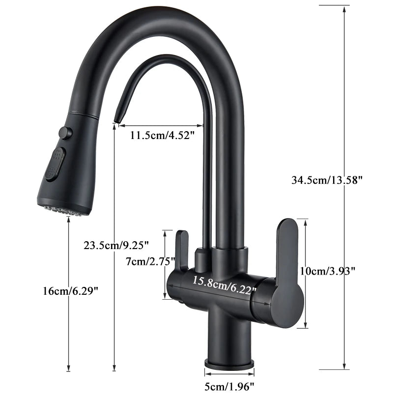 Purification Water Kitchen Faucet Black 360° Rotating Filter Water Faucets Pull Out Sprayer 3 Ways Hot Cold Water