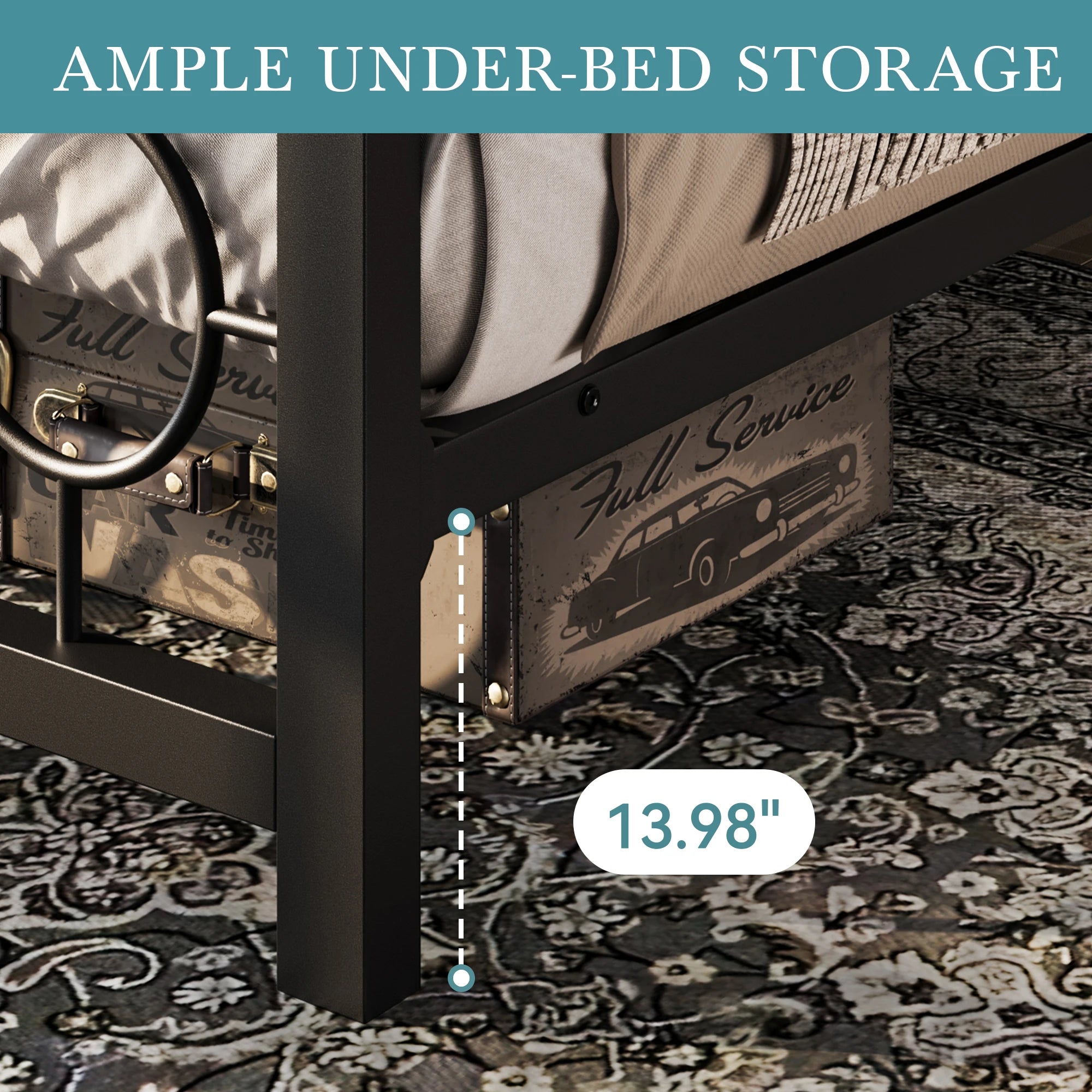 Metal Platform Bed Frame with Vintage Circular Design Headboard and Footboard with Under-Bed Storage
