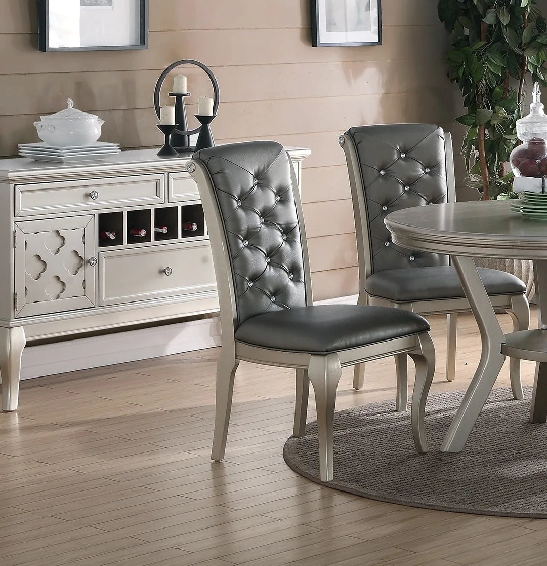 Traditional Dining Round Table Silver Hue 5pc w Shelf 4x Side Chairs Tufted Back