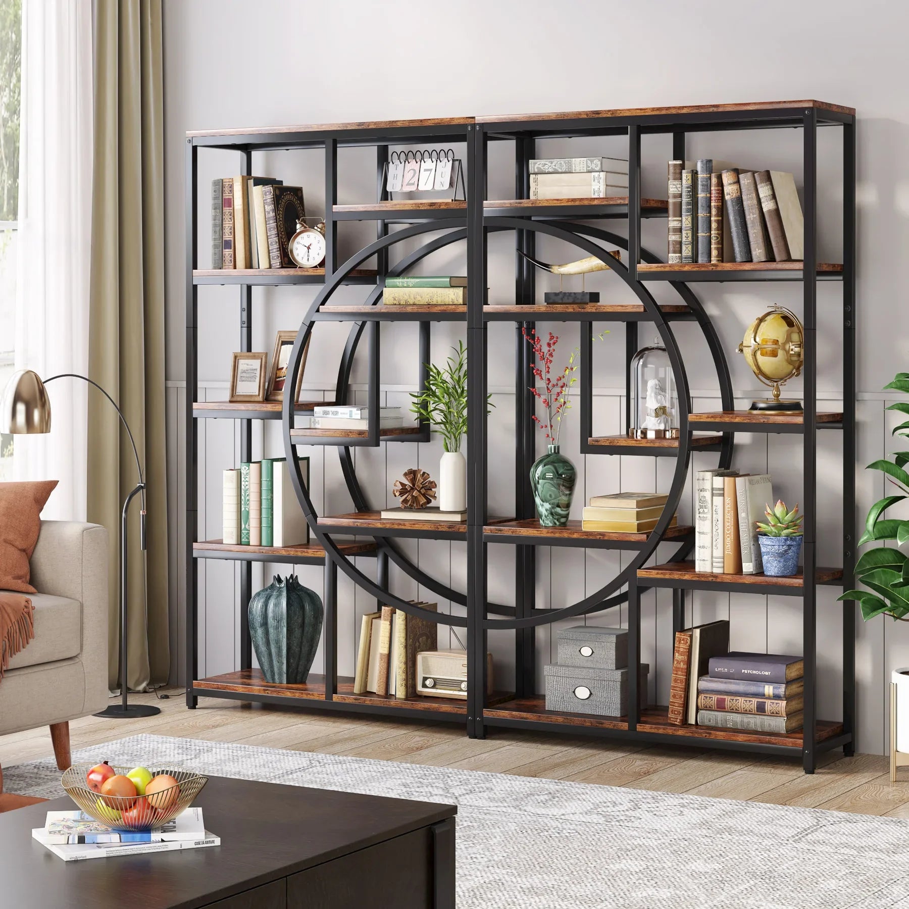 Bookshelf Industrial 5 Tier Etagere Bookcase, Freestanding Tall Bookshelves Display Shelf Organizer