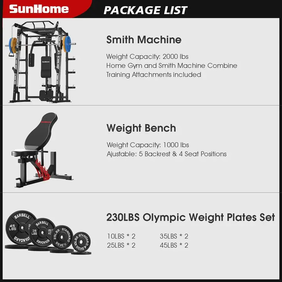 Smith Machine, Power Cage Squat Rack with Smith Bar, LAT PullDown Systems, Cable Crossover Machine and Cable Attachment f