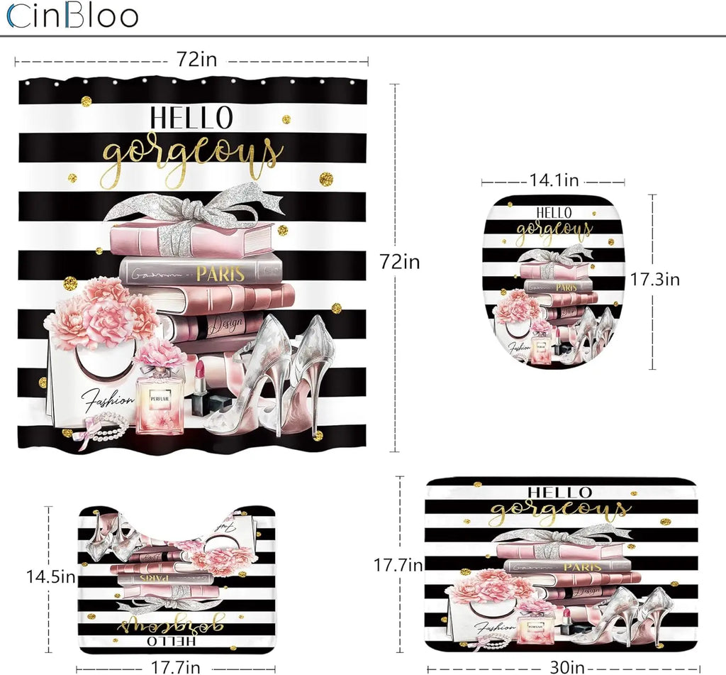 4Pcs Pink Black Girls Bathroom Set with Shower Curtain, Rugs, and Toilet Lid Cover