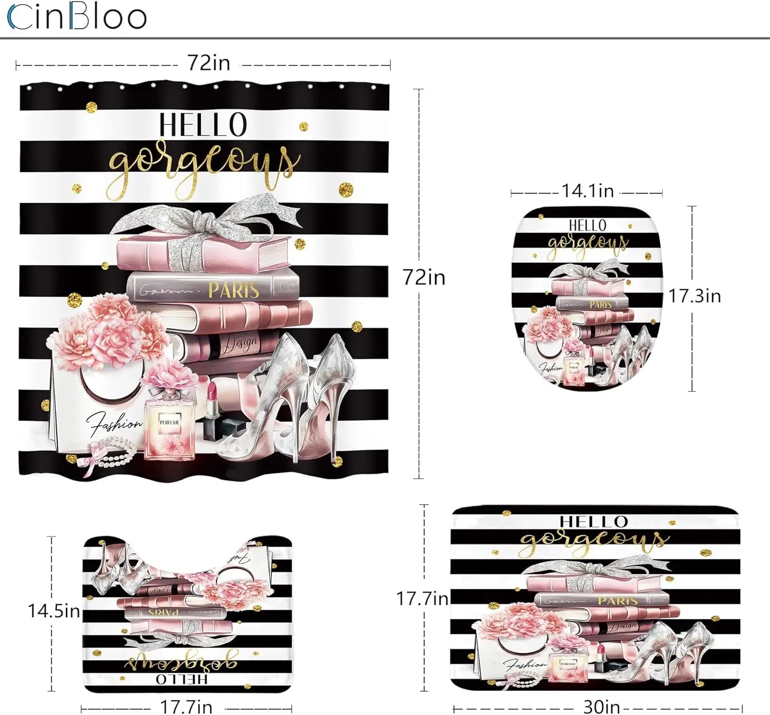 4Pcs Pink Black Girls Bathroom Set with Shower Curtain, Rugs, and Toilet Lid Cover