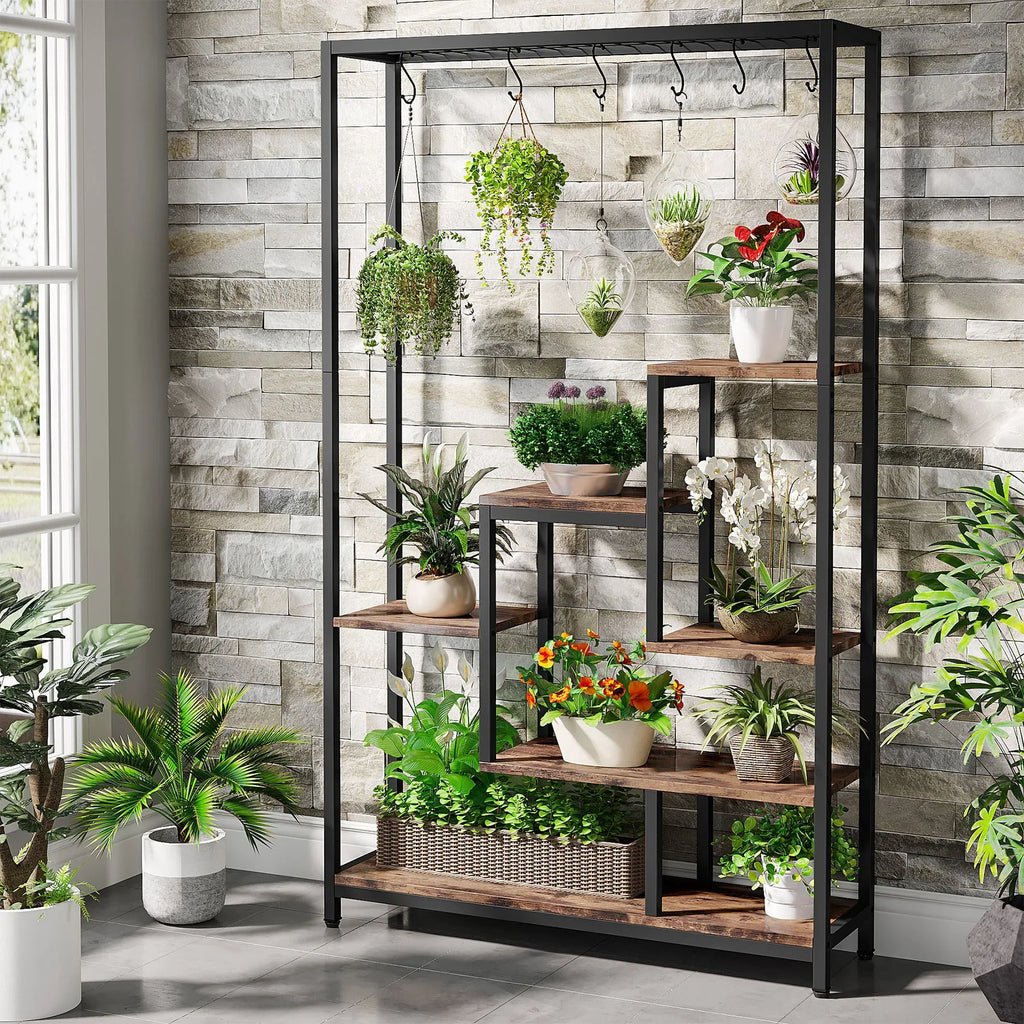 5 Tiers Tall Indoor Plant Stand Large Metal Plant Shelf with 10 PC S Hanging Hooks for Garden
