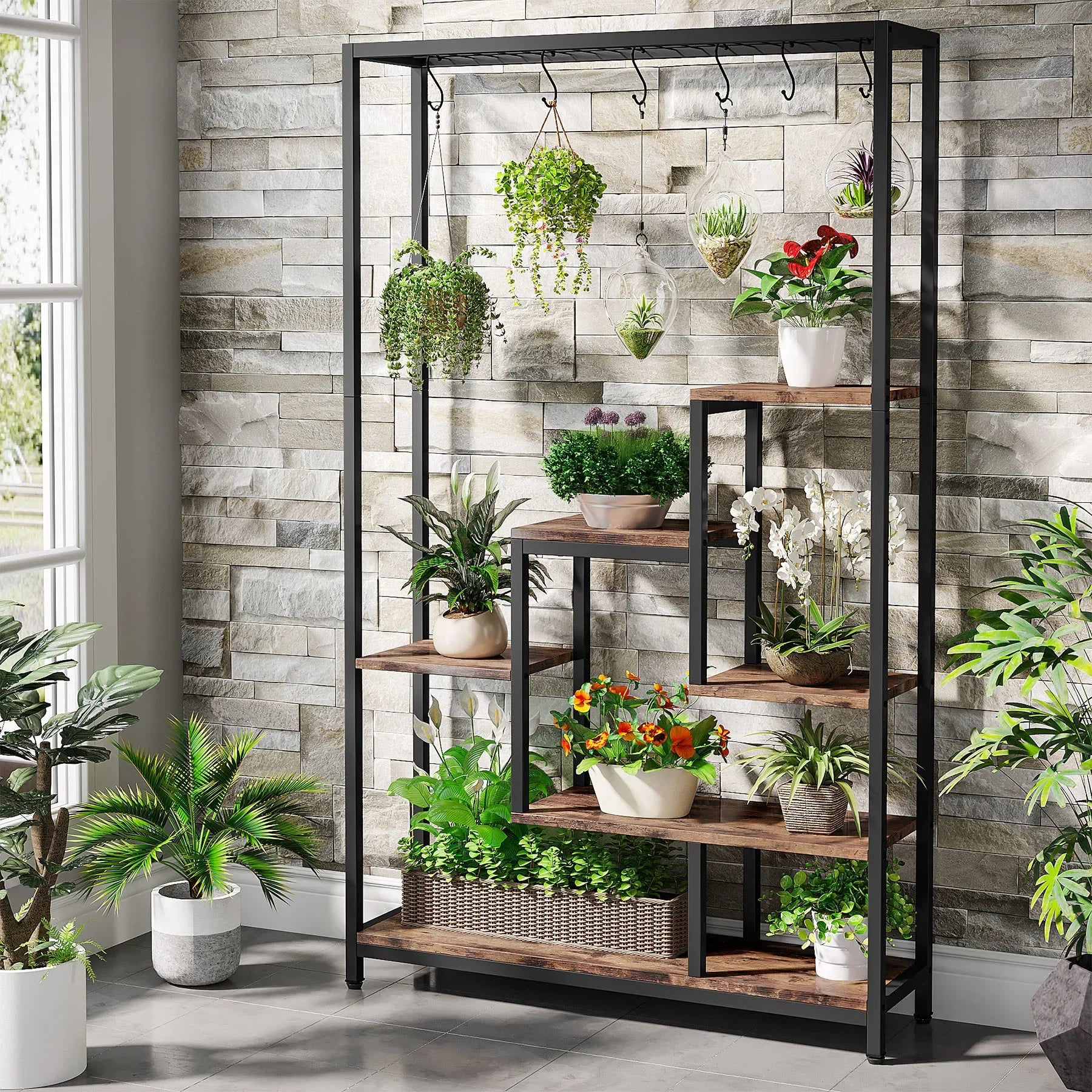 5 Tiers Tall Indoor Plant Stand Large Metal Plant Shelf with 10 PC S Hanging Hooks for Garden