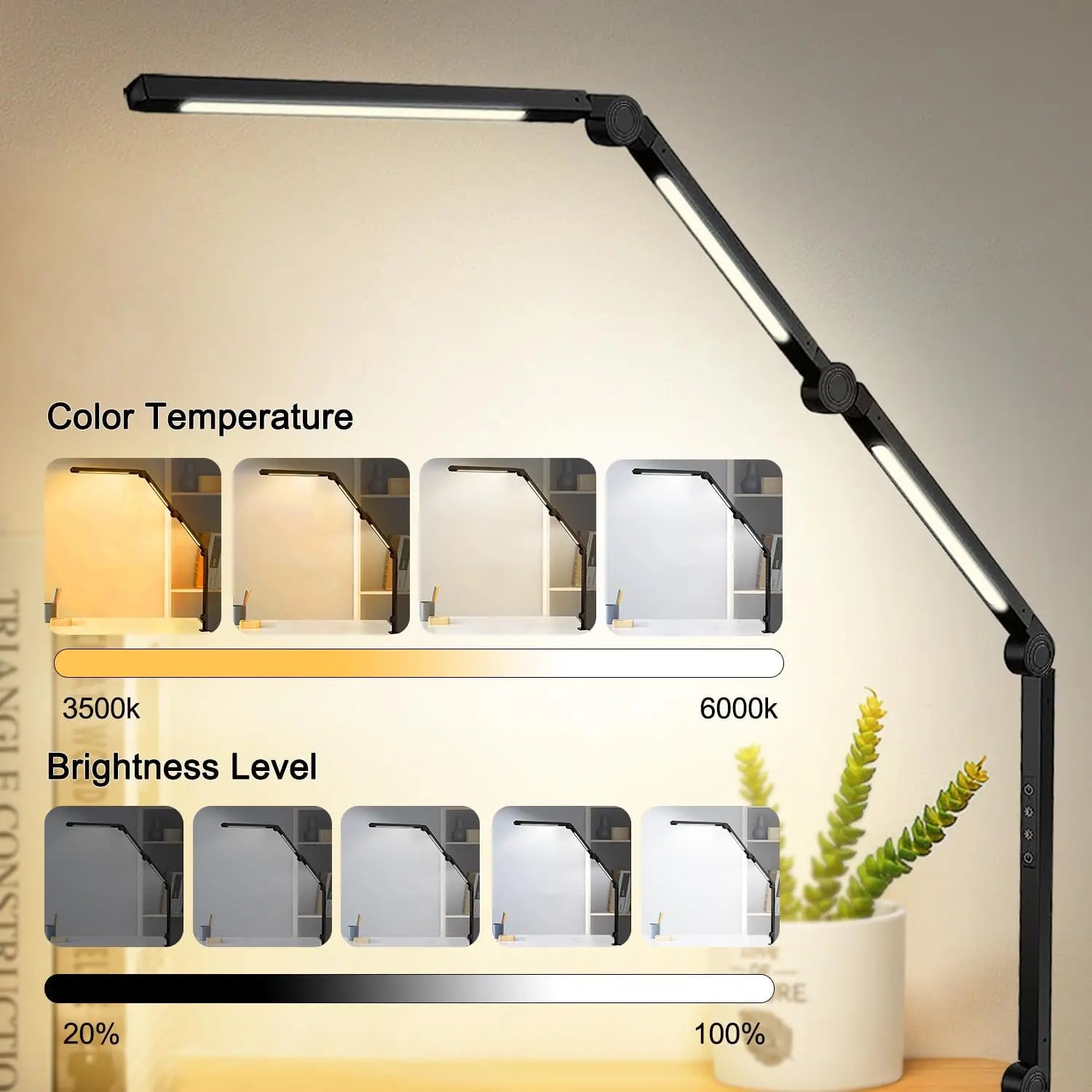 LED Desk Lamp with Clamp Flexible 4 sections Swing Arm Three light desk light, 4 Color Modes & 5 Brightness