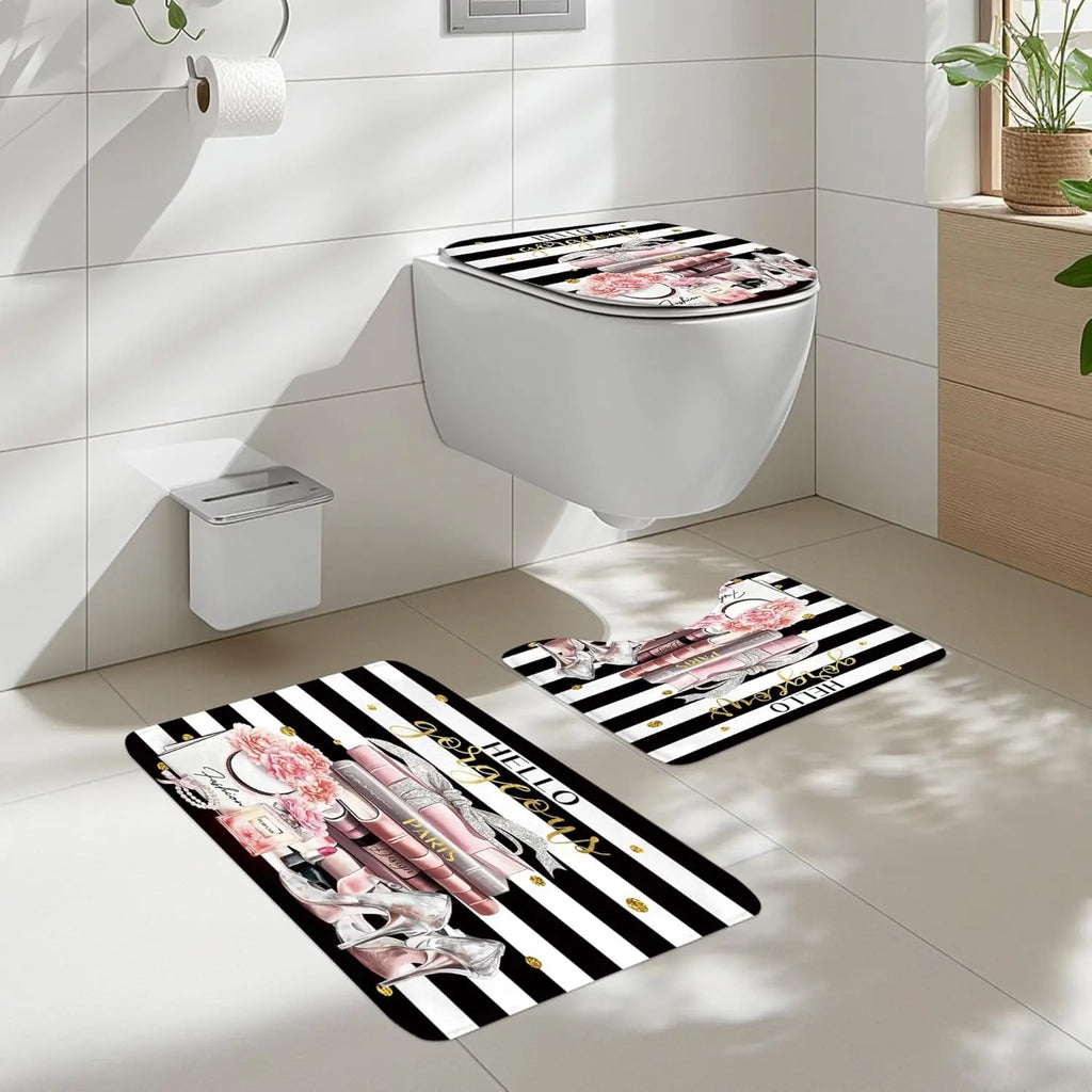 4Pcs Pink Black Girls Bathroom Set with Shower Curtain, Rugs, and Toilet Lid Cover