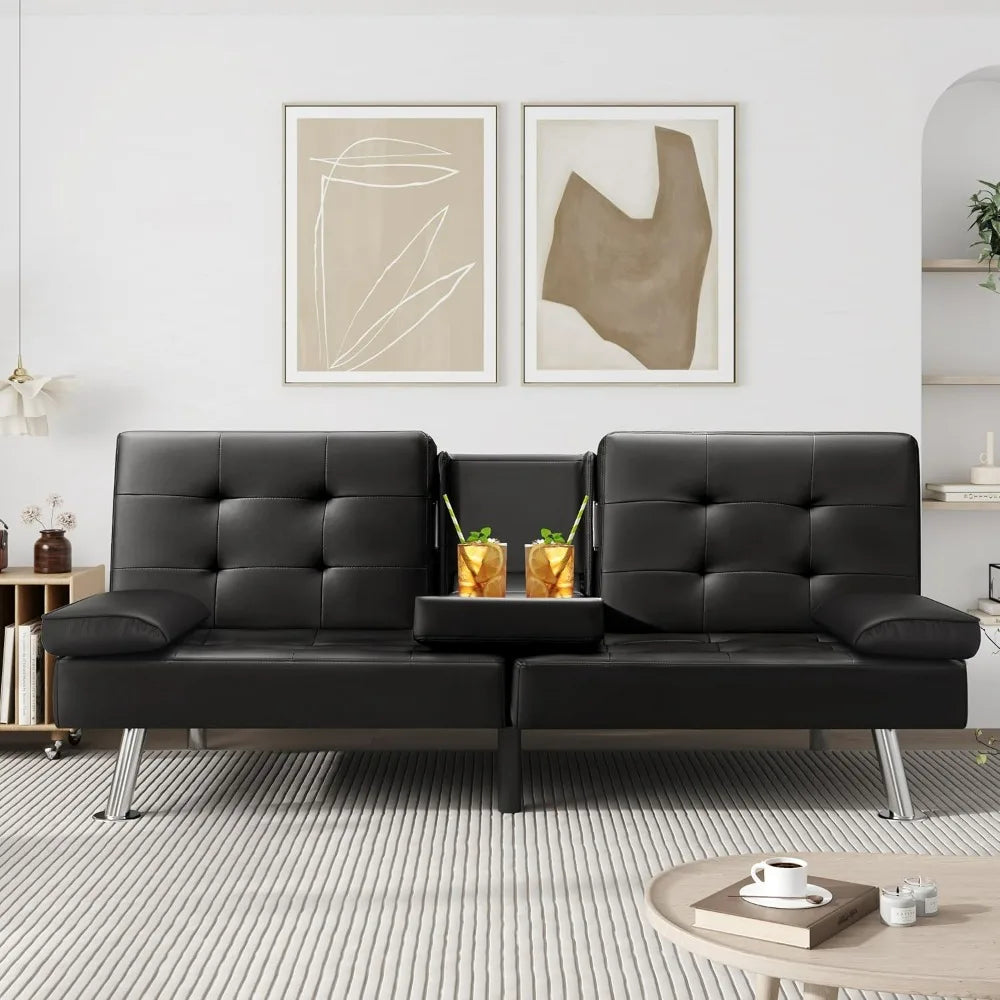 Futon Sofa Bed Modern Faux Leather Couch Bed Convertible Folding Recliner with 2 Cup Holders and Armrest