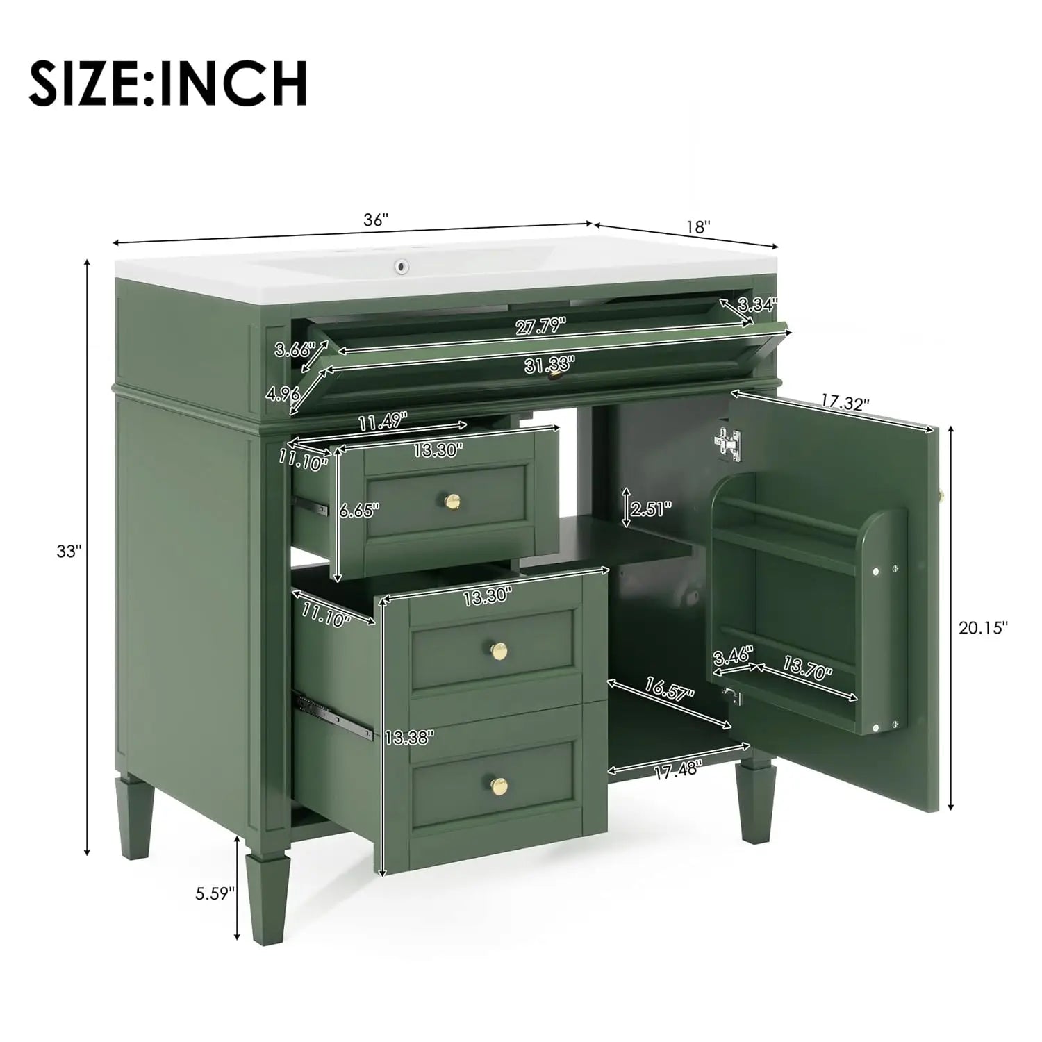 Solid Wood Bathroom Vanity with Soft-Close Doors & Tip-Out Drawer Undermount Sink Cabinet Green