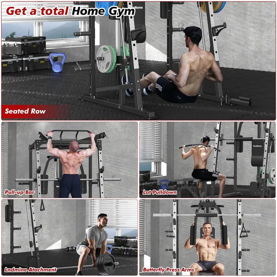 Smith Machine, Power Cage Squat Rack with Smith Bar, LAT PullDown Systems, Cable Crossover Machine and Cable Attachment f