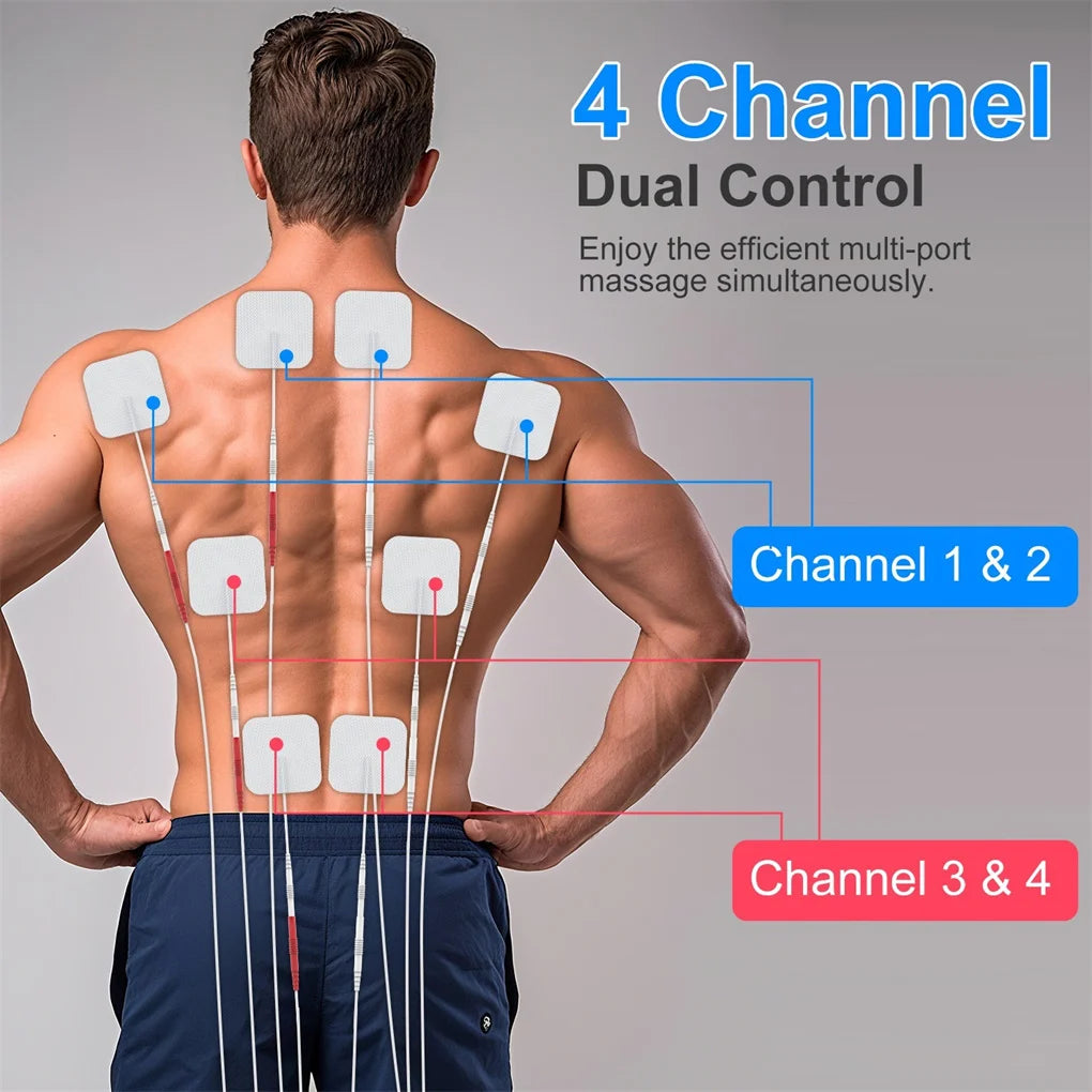 4-Channel Rechargeable TENS Unit with 8 Pads, 48 Modes & 4 Programs for Pain Relief, Muscle Training & Relaxation – Portable