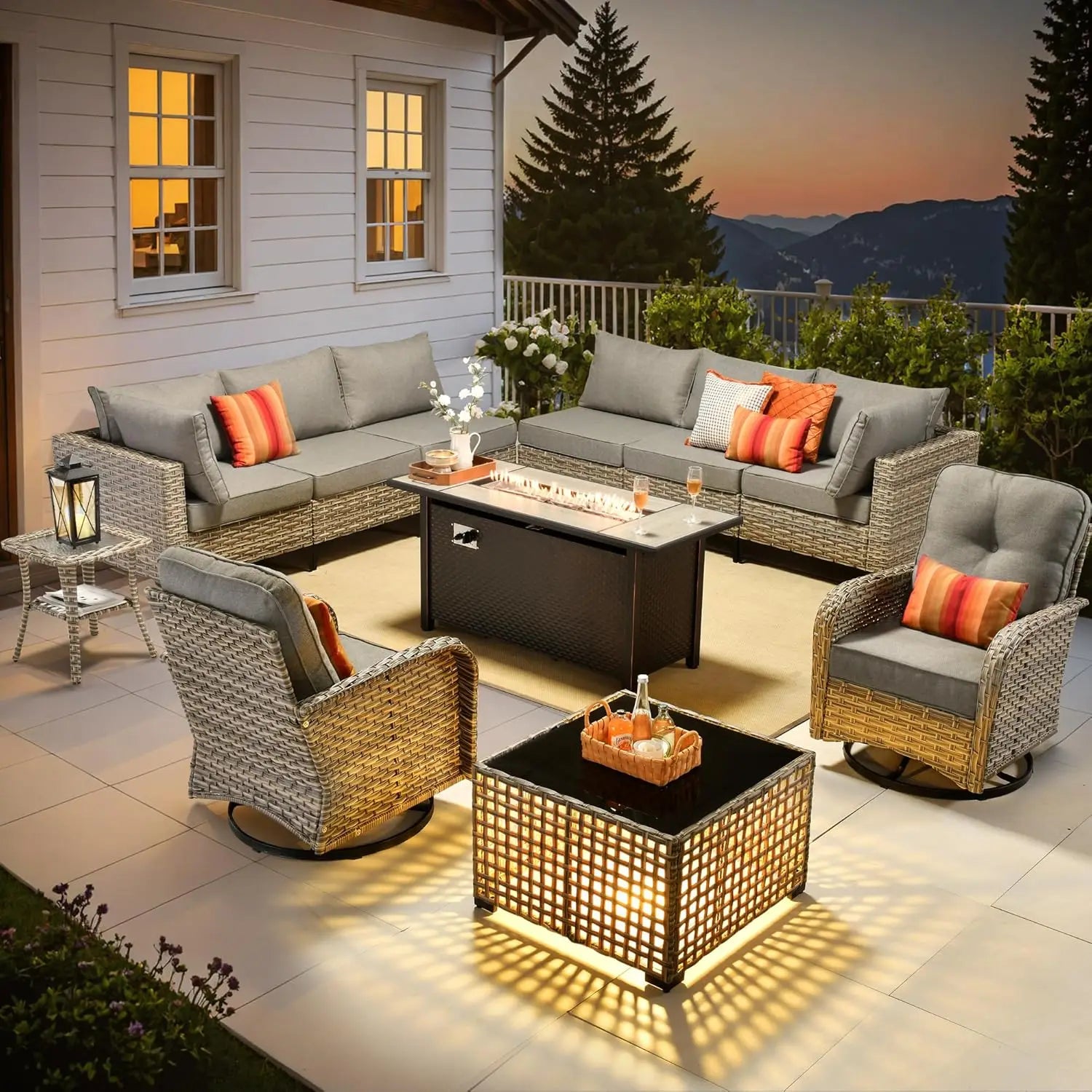 Outdoor Sectional Patio Furniture with Fire Pit Table and Swivel Rocking Chairs