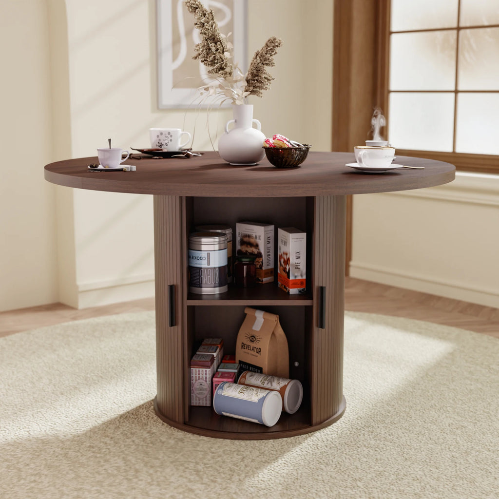 48'' Round Dining Table with 2-Layer Shelf and Wood Slide Door