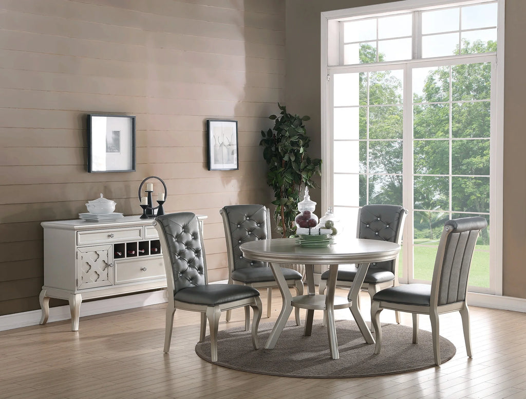 Traditional Dining Round Table Silver Hue 5pc w Shelf 4x Side Chairs Tufted Back