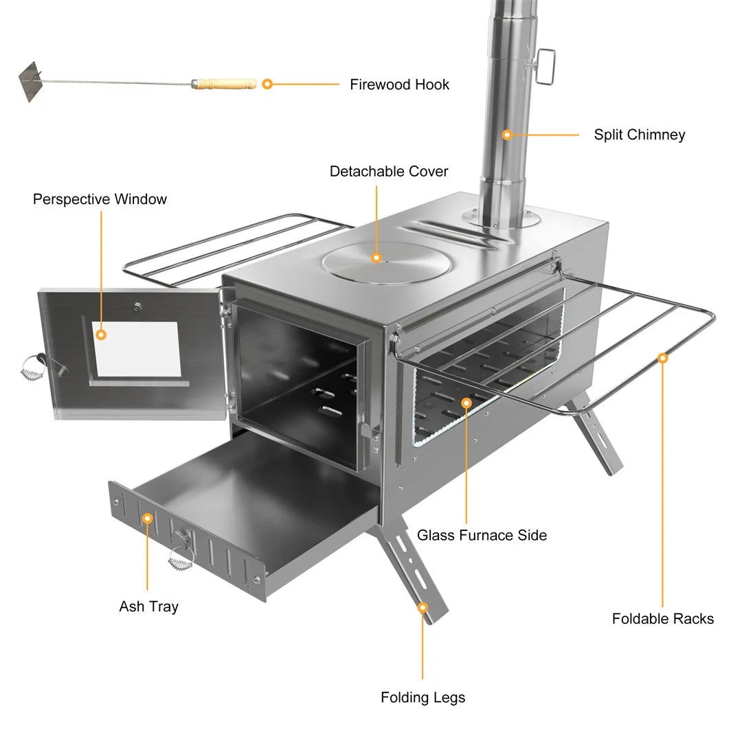 Hot Tent Stove, Portable Wood Stove with 6 Stainless Chimney Pipes for Outdoor Heating & Cooking