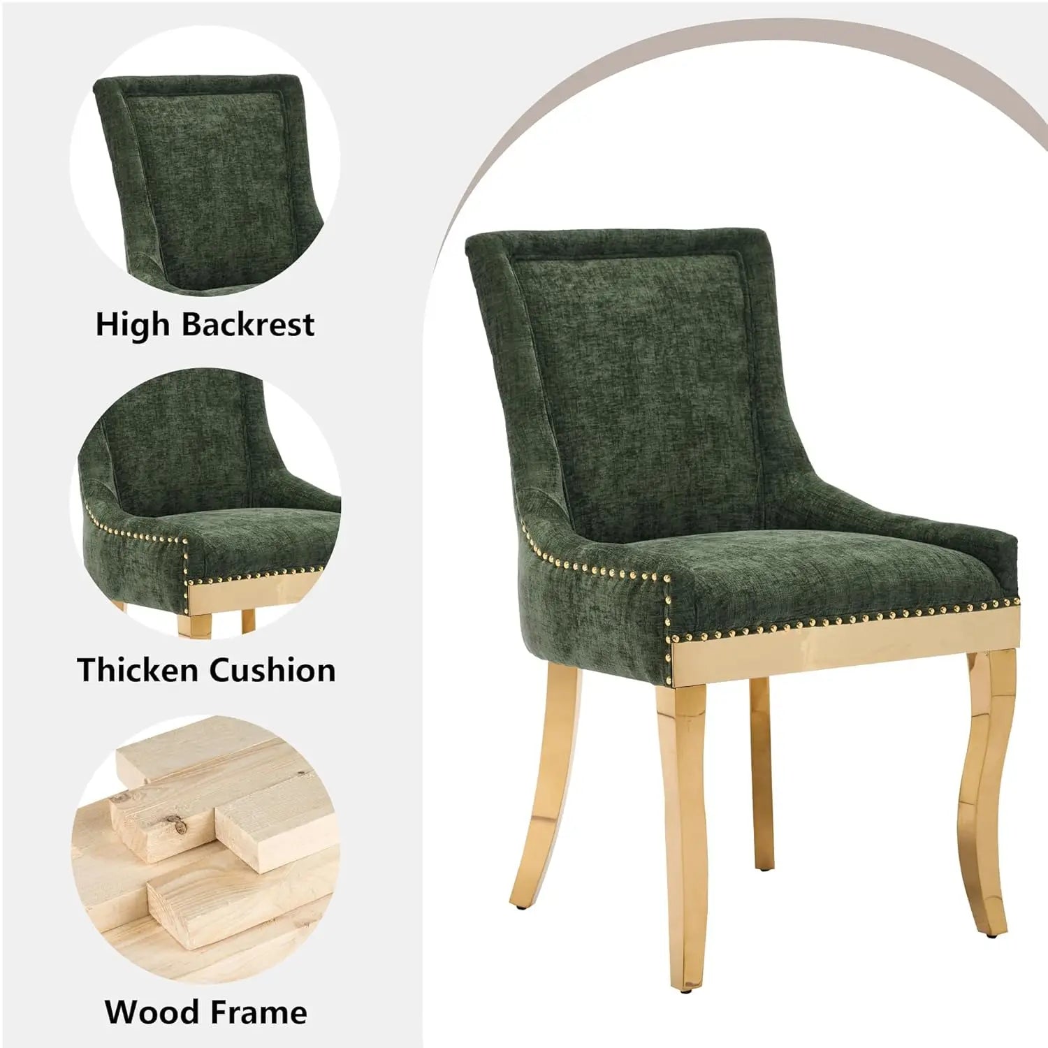 Upholstered Dining Chairs Set of 2 Neutral Chenille Trim Padded Olive Green Gold, Customized