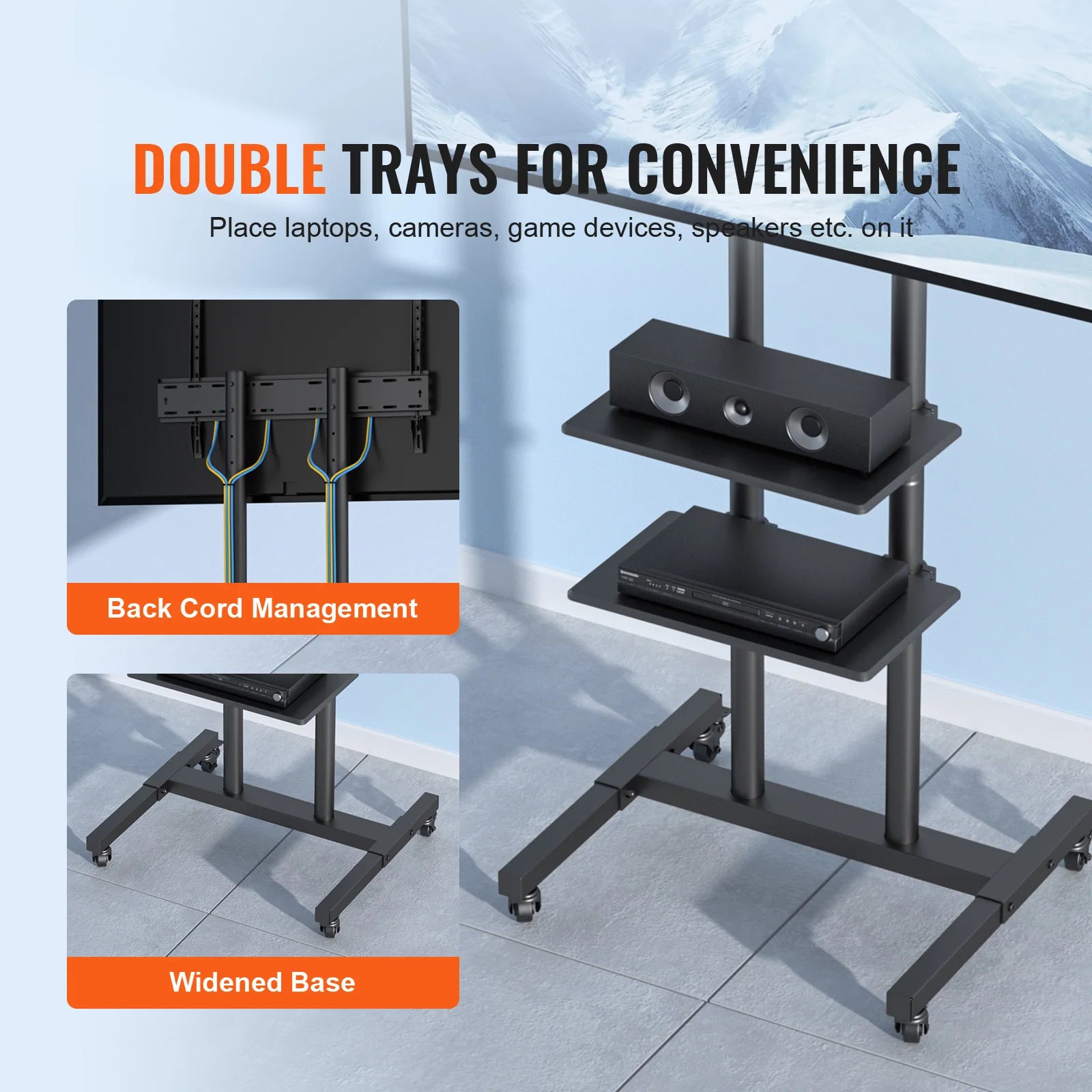 Mobile TV Adjustable Stand w/ Wheels Double Tray for Audio-Visual Devices Rolling Stand