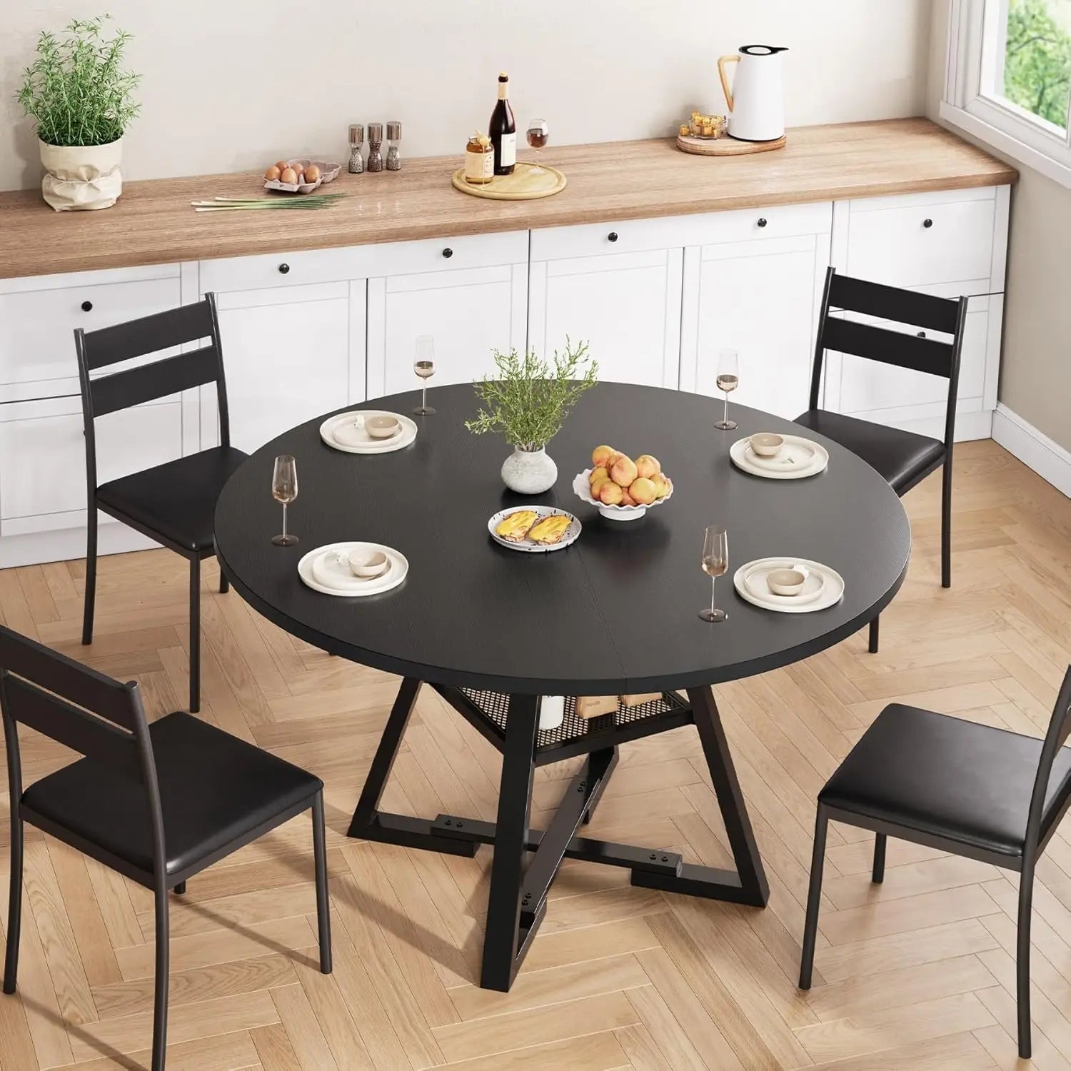42-Inch Round Dining Wood Table with Storage Shelf, Black