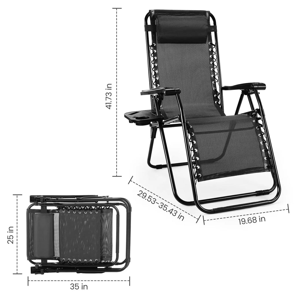 Zero Gravity Set of 2 Portable Recliner Patio Outdoor Garden Lounge Chair with Cup Holder Trays Adjustable Pillow