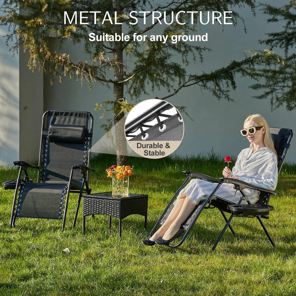Zero Gravity Set of 2 Portable Recliner Patio Outdoor Garden Lounge Chair with Cup Holder Trays Adjustable Pillow