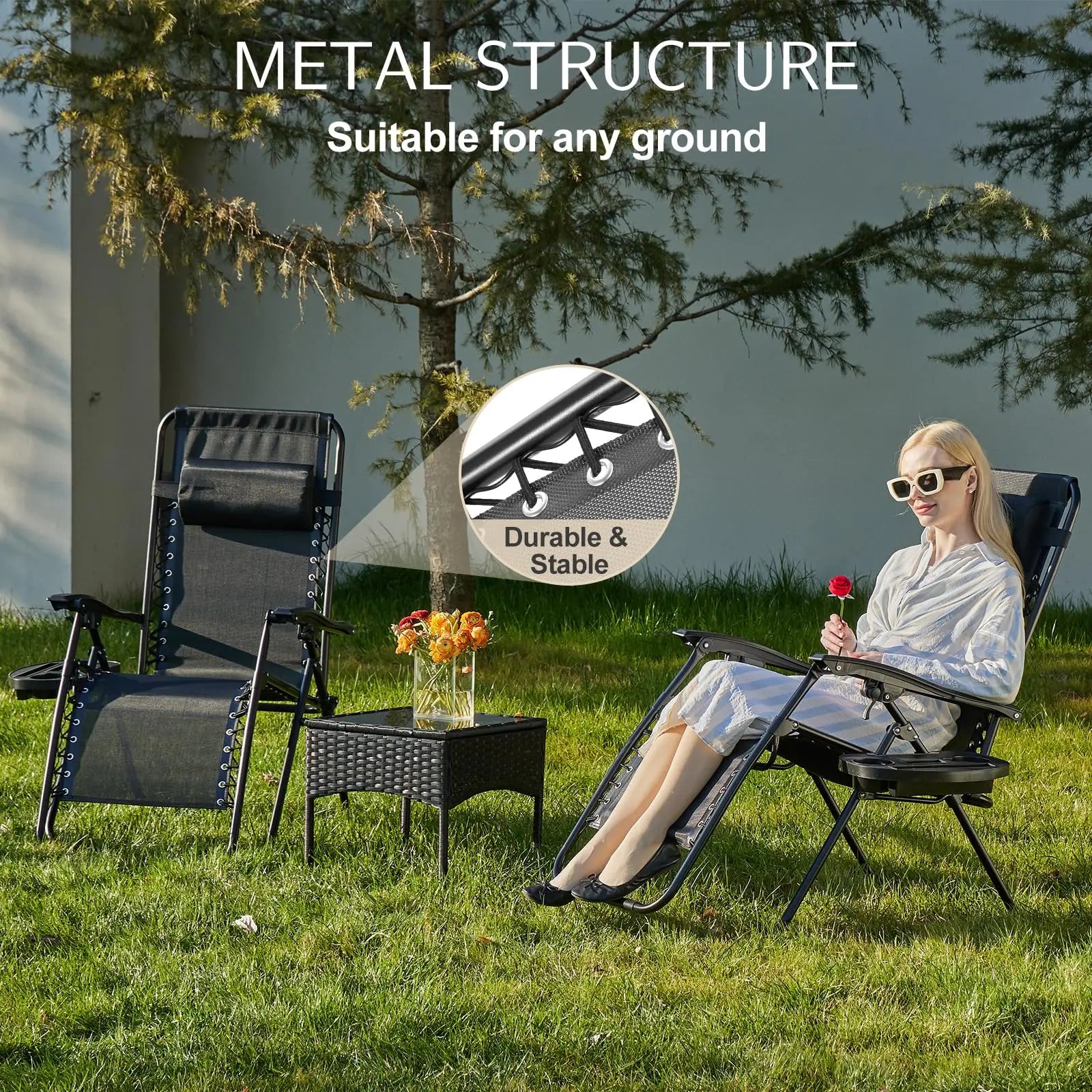 Zero Gravity Set of 2 Portable Recliner Patio Outdoor Garden Lounge Chair with Cup Holder Trays Adjustable Pillow