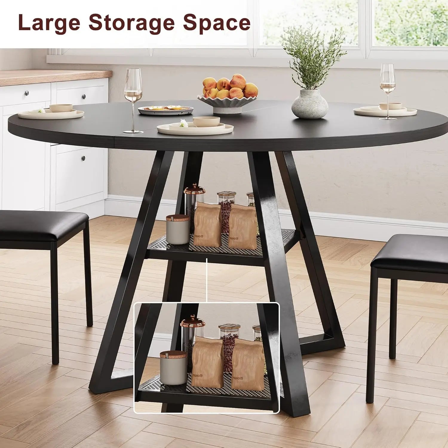 42-Inch Round Dining Wood Table with Storage Shelf, Black