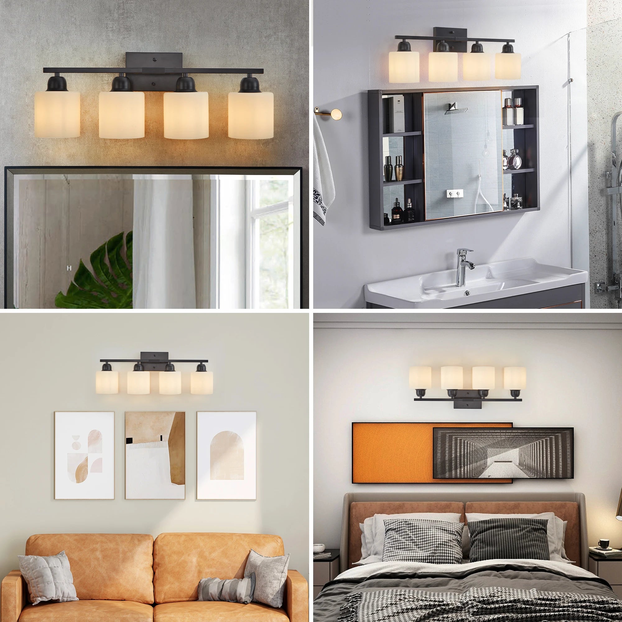 4-Light Fixtures Over Mirror, Modern Matte Black Vanity Lights with White Frosted Glass Shade