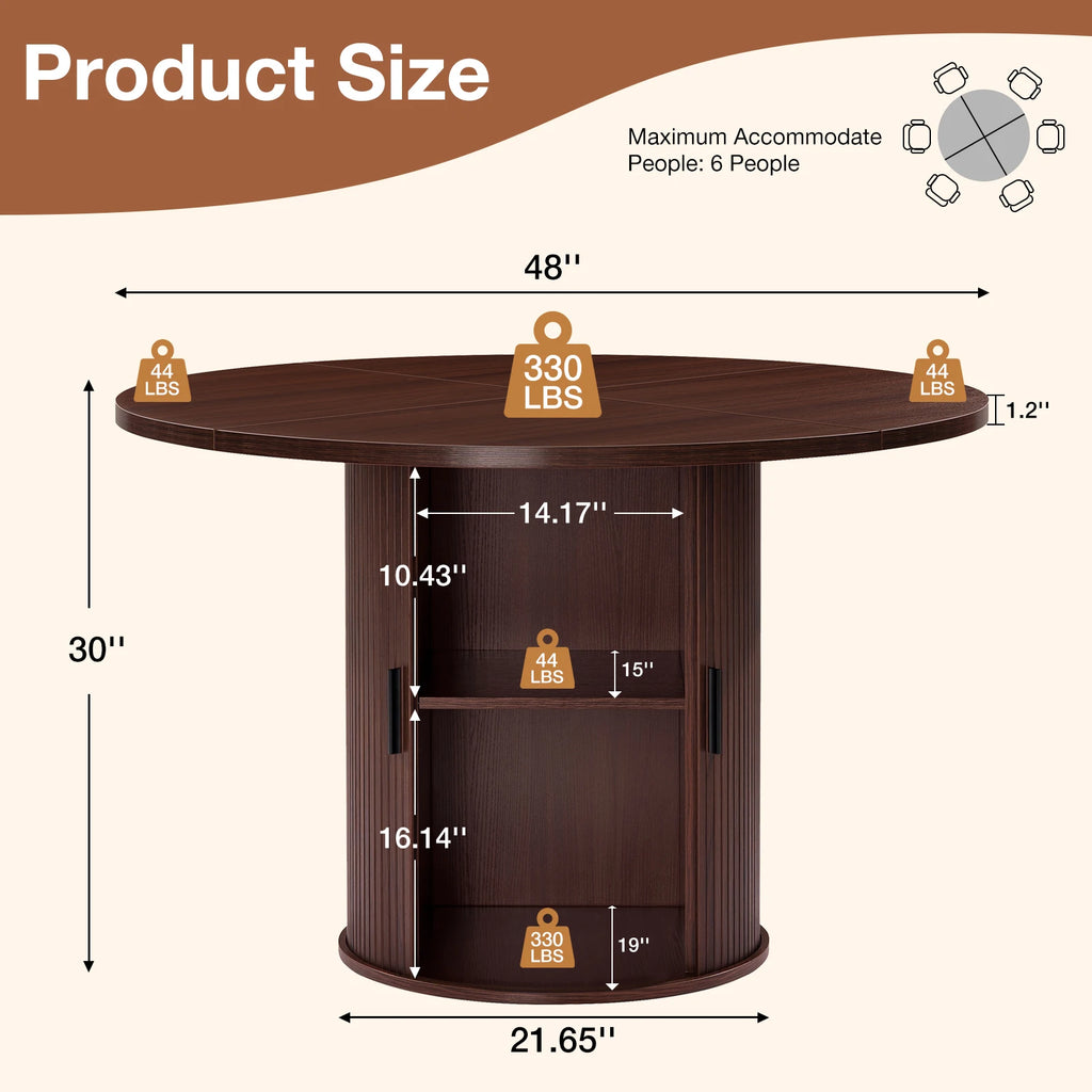 48'' Round Dining Table with 2-Layer Shelf and Wood Slide Door
