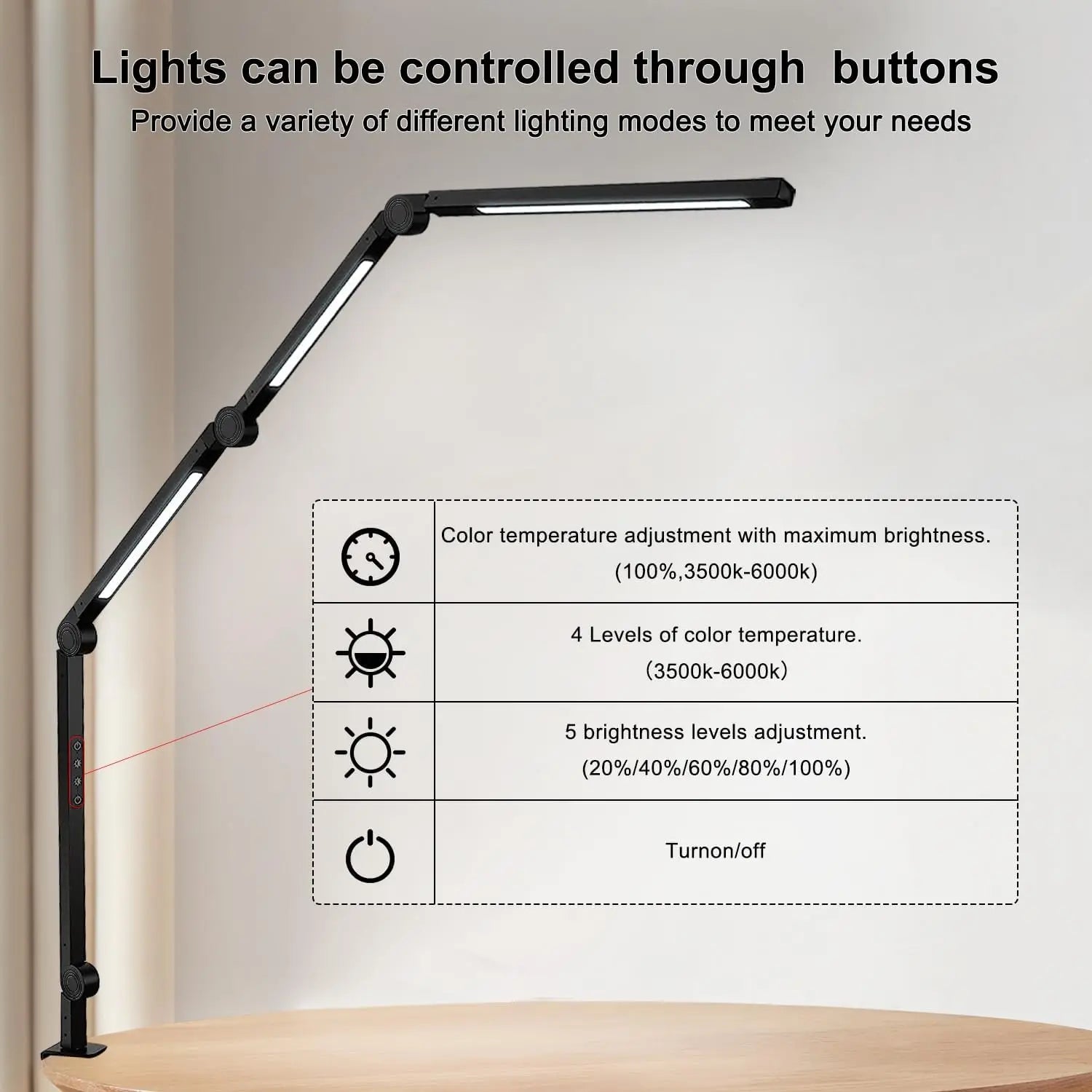 LED Desk Lamp with Clamp Flexible 4 sections Swing Arm Three light desk light, 4 Color Modes & 5 Brightness