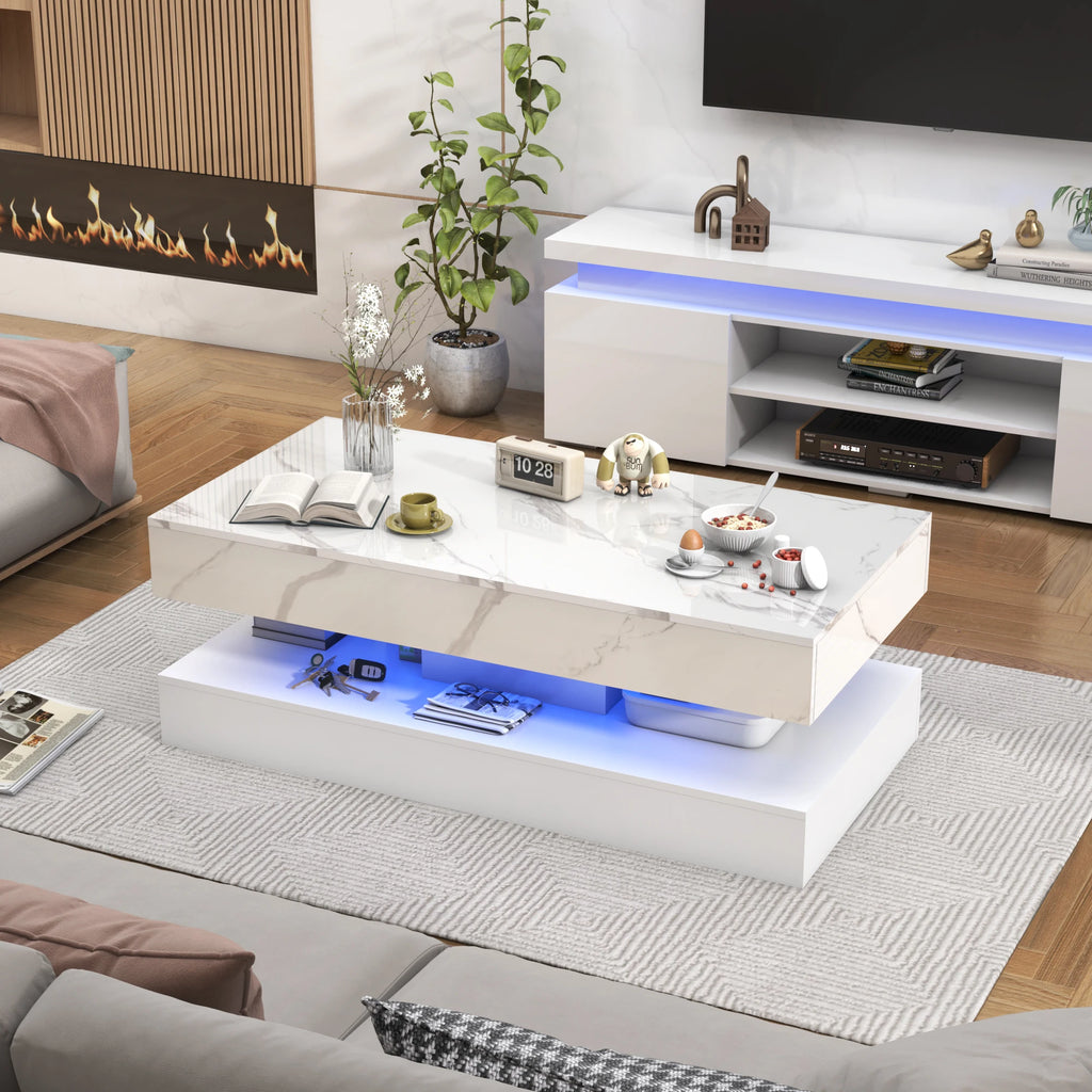 Modern Stylish Coffee Table with LED lights, Double-Layer Design with 2 Storage Drawers