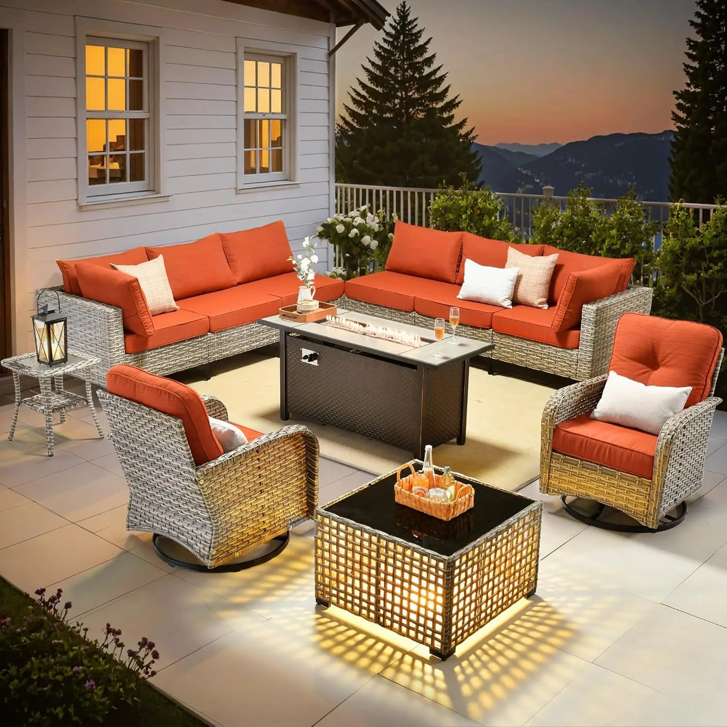 Outdoor Sectional Patio Furniture with Fire Pit Table and Swivel Rocking Chairs