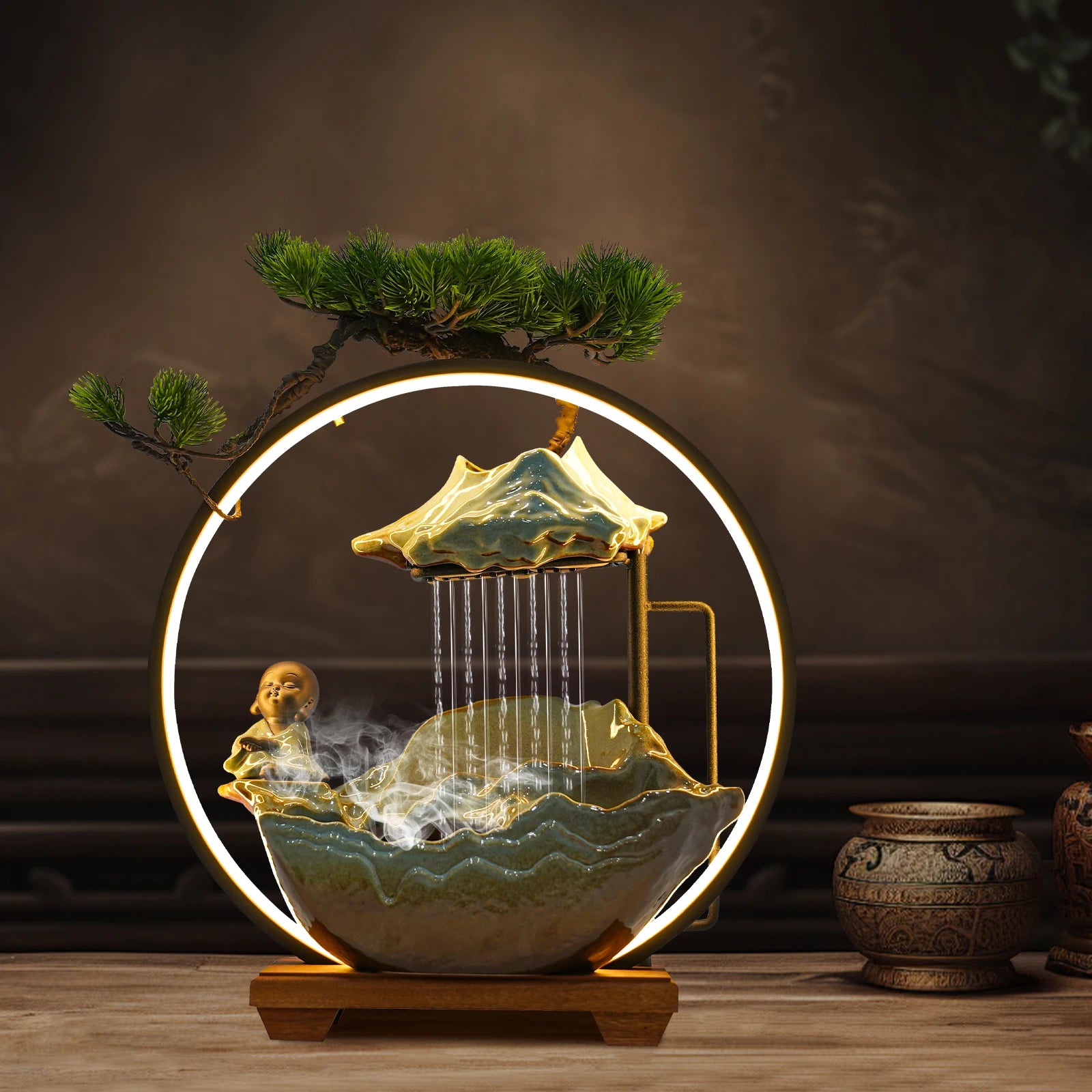 Desktop Water Fountain and Book Monk Ceramic Table Fixture
