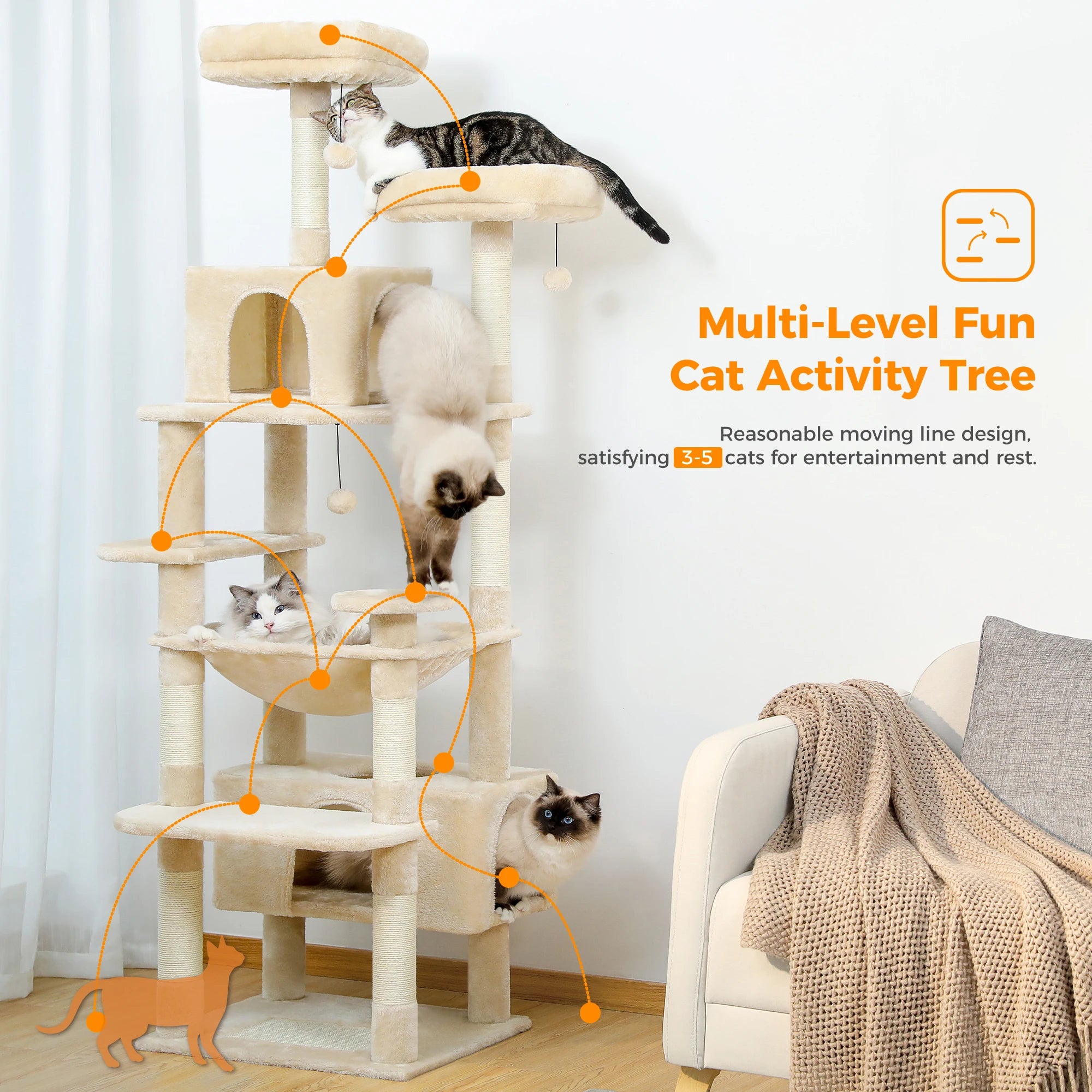 Large Cat Tree and Tower for Indoor Cats With Sisal-Covered Scratching Posts Spacious Hammock