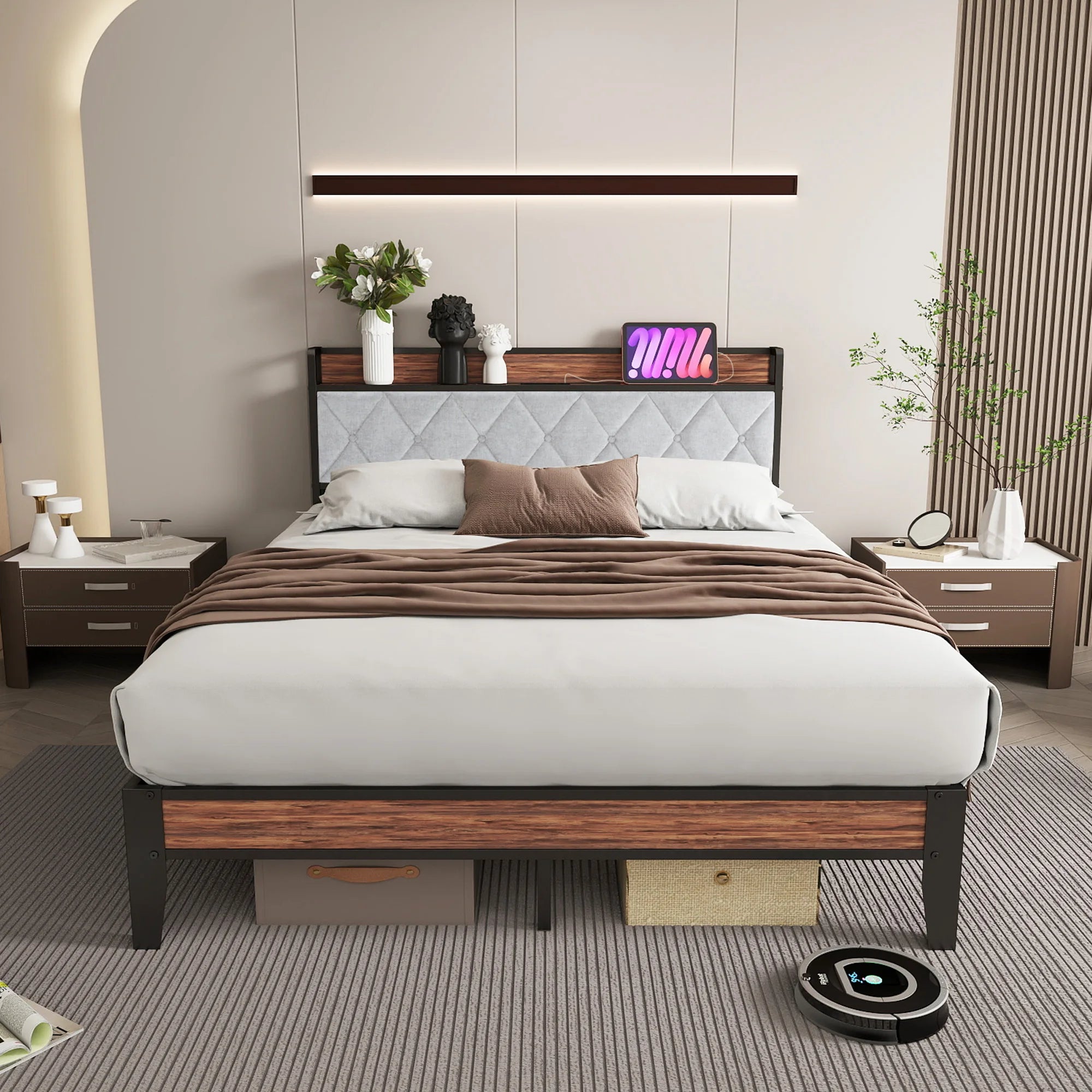 King Size Soft Pack Heavy Duty Metal Bed Frame with Headboard Charging Station