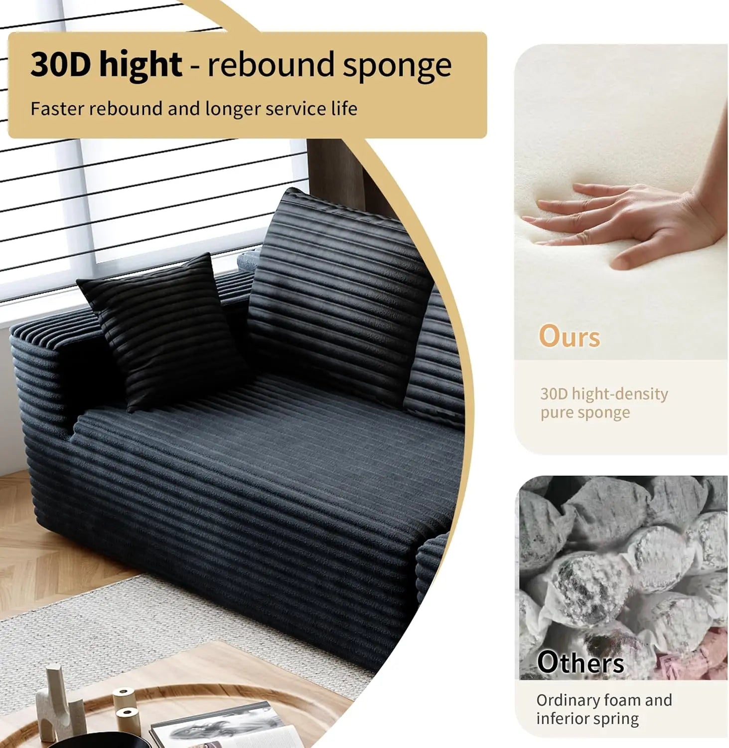 Cloud-style sectional sofa, with corduroy cover, fluffy memory foam cushions, easily assembled, modular recliner