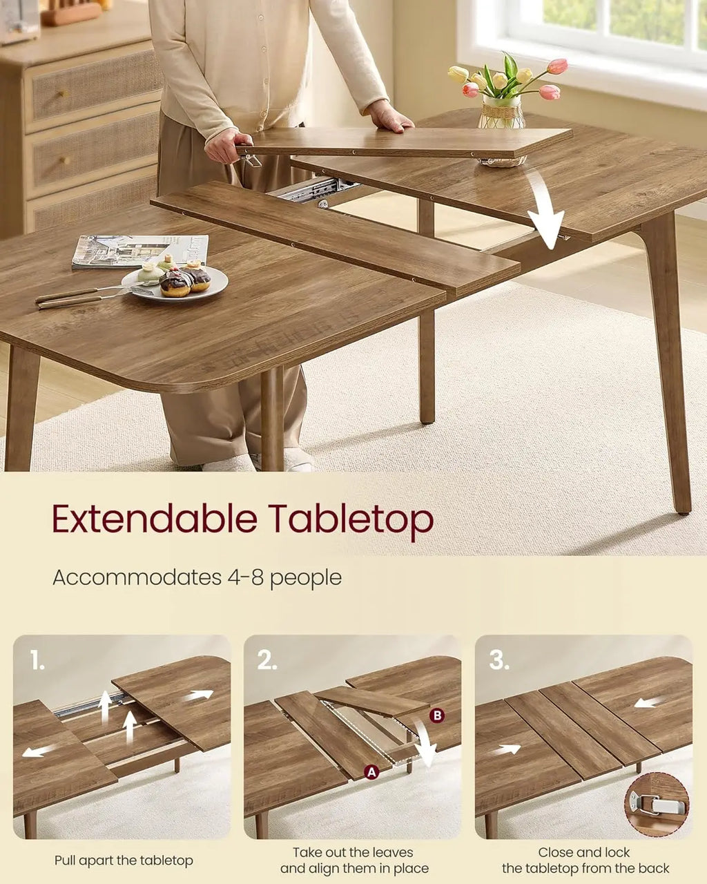 Extendable Dining Table with Tapered Legs and Curved Design, Honey Brown Finish