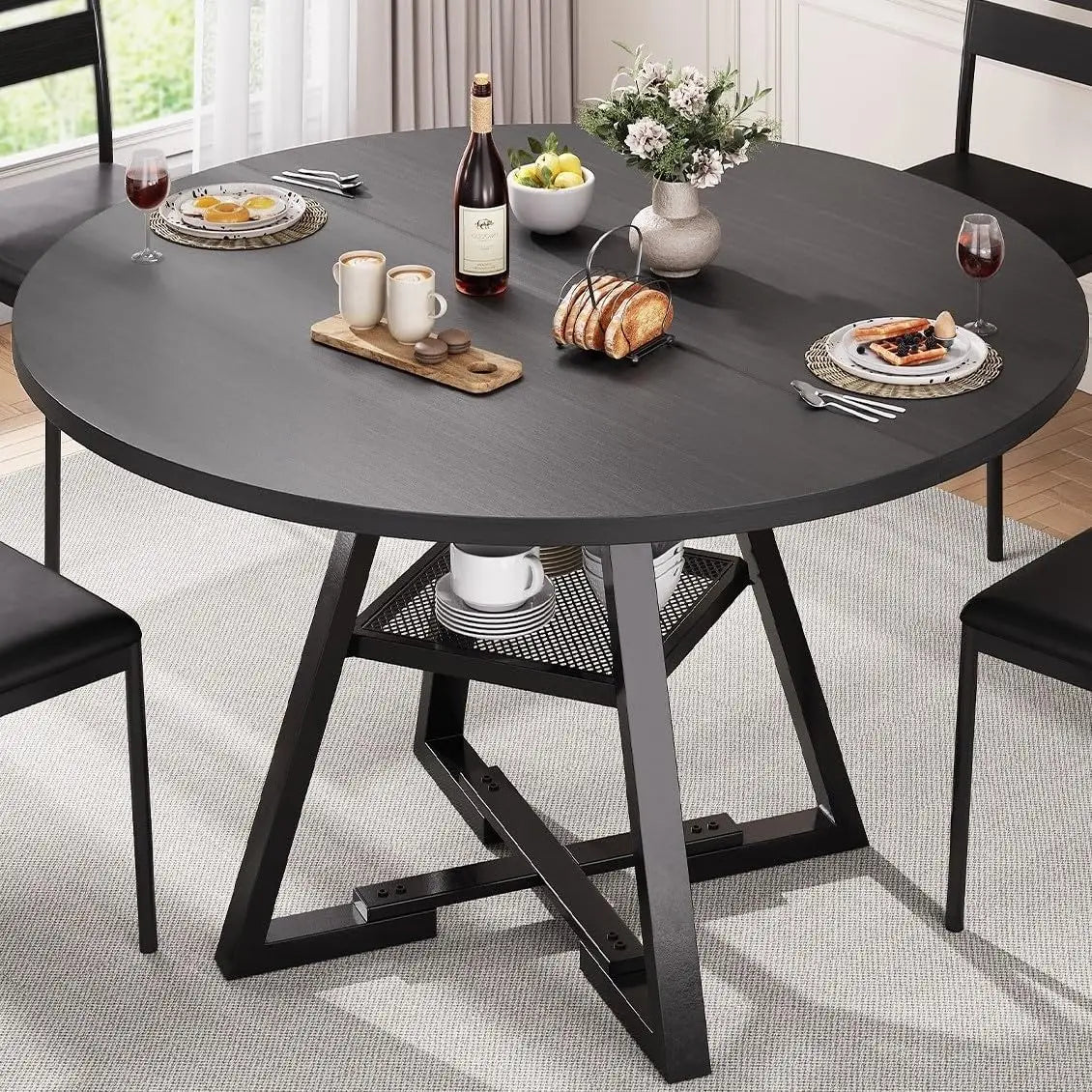 42-Inch Round Dining Wood Table with Storage Shelf, Black