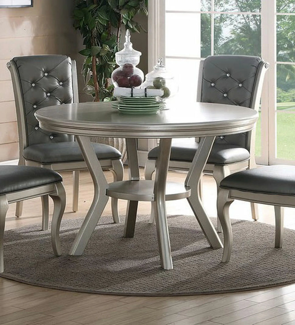 Traditional Dining Round Table Silver Hue 5pc w Shelf 4x Side Chairs Tufted Back