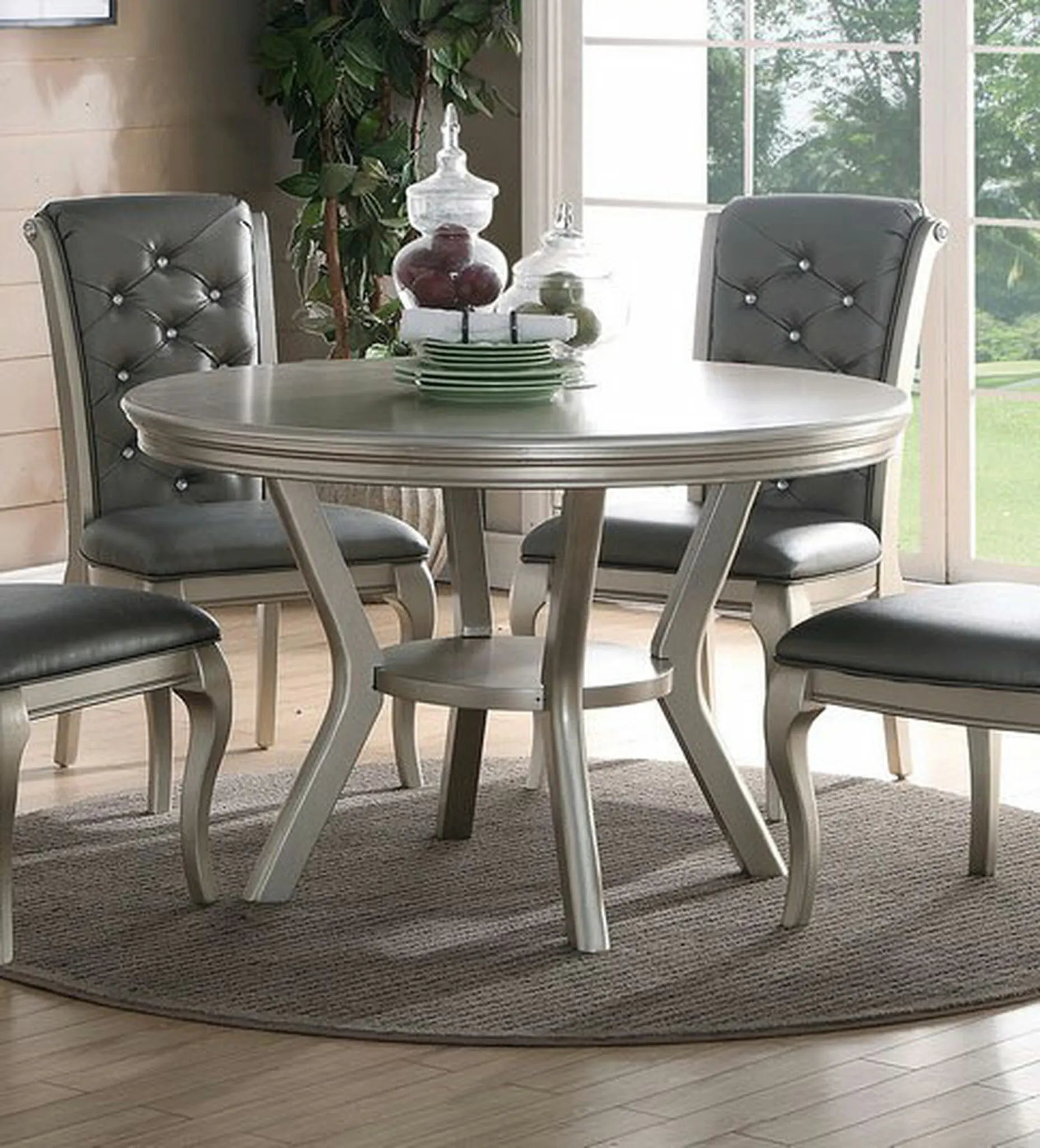 Traditional Dining Round Table Silver Hue 5pc w Shelf 4x Side Chairs Tufted Back