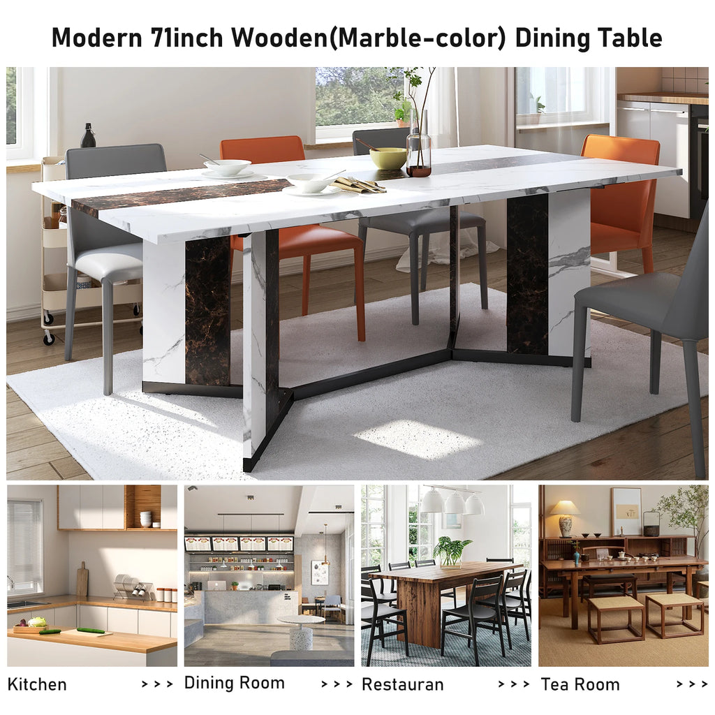Large Rectangular White Dining Table for up to 10 People w/Marble Color, Wood Tabletop, Metal Leg