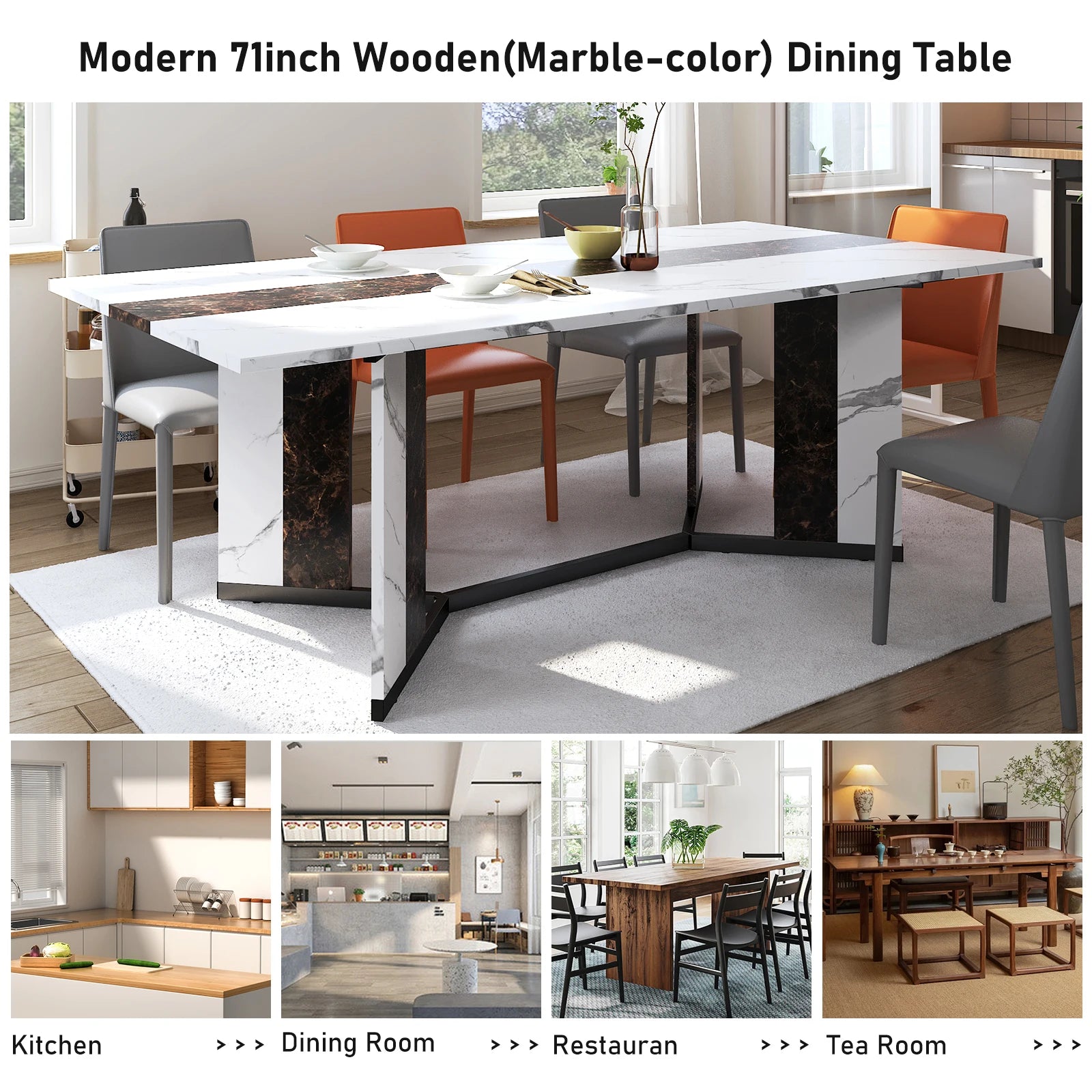 Large Rectangular White Dining Table for up to 10 People w/Marble Color, Wood Tabletop, Metal Leg