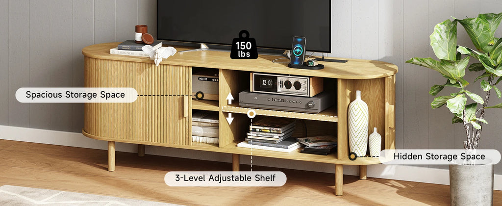 TV Stand Living Room Furniture with Power Outlet for TVs up to 70" with Sliding Doors Storage Adjustable Shelves