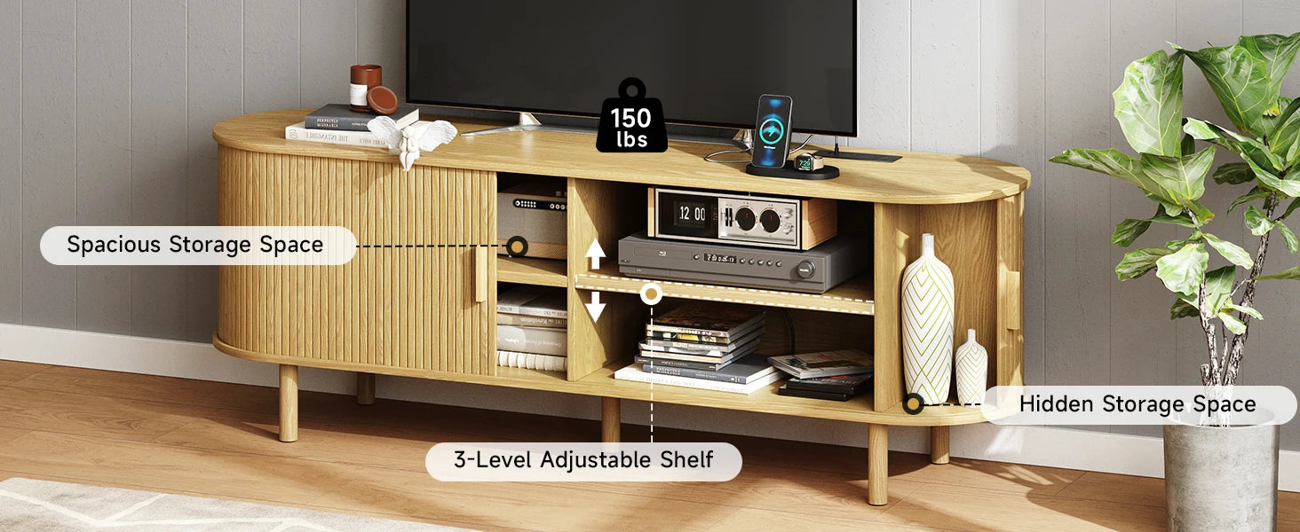 TV Stand Living Room Furniture with Power Outlet for TVs up to 70" with Sliding Doors Storage Adjustable Shelves