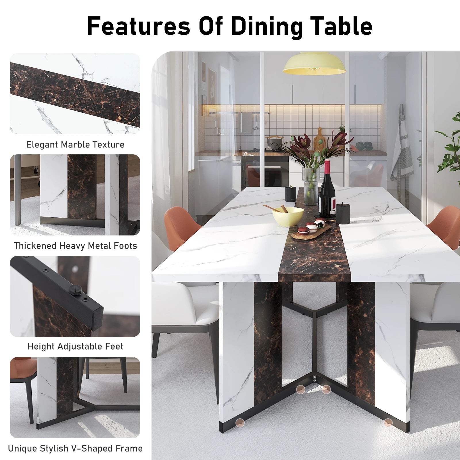 Large Rectangular White Dining Table for up to 10 People w/Marble Color, Wood Tabletop, Metal Leg