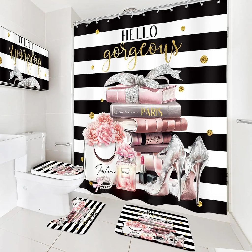 4Pcs Pink Black Girls Bathroom Set with Shower Curtain, Rugs, and Toilet Lid Cover