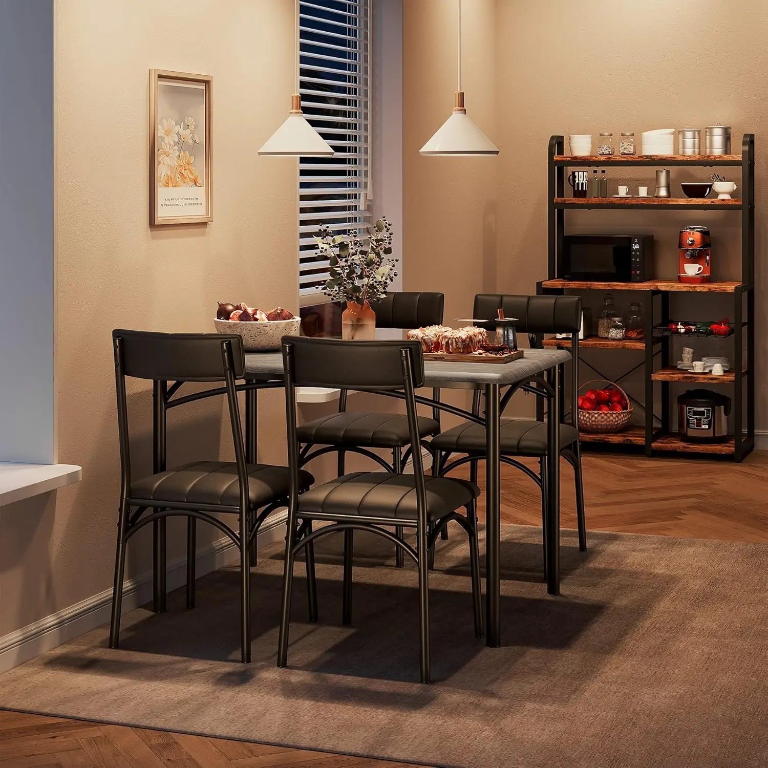 Modern Dining Table Set with 4 Upholstered Chairs, 5 Piece Dining Room Table Set